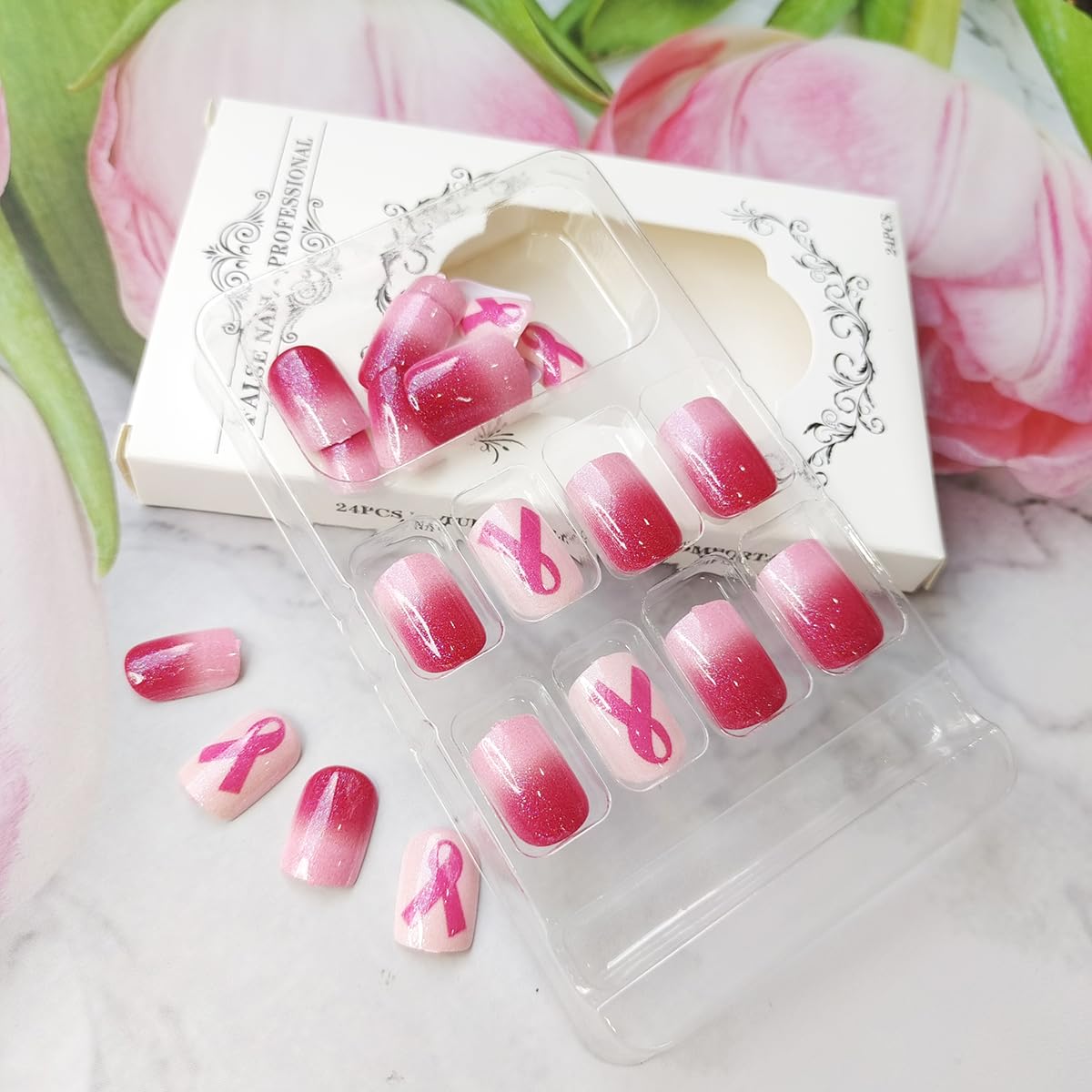 24 Pcs Pink Ribbon Press-On Nails - Short Square Fake Nails with Gradient Design, Breast Cancer Awareness Nail Art Set for Women & Girls | Perfect for Holidays, Fundraisers & Everyday Wear