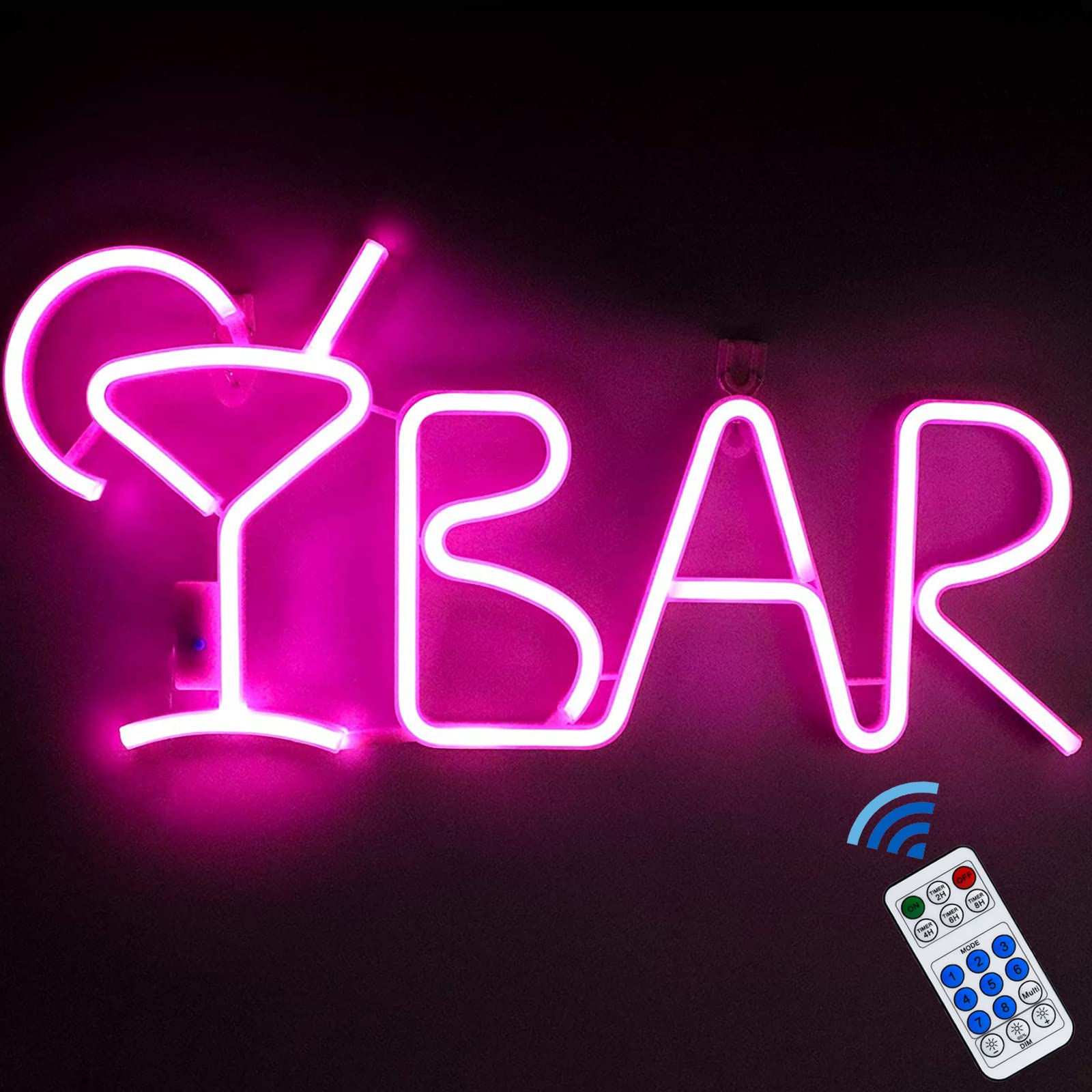 21x10 Inch Pink Neon Bar Sign - 8 LED Lighting Modes with Remote Control, USB/AA Battery Powered Wall Decor for Home Bars, Birthday Parties & Christmas - Perfect for Man Cave, Game Room & Nightclub Atmosphere
