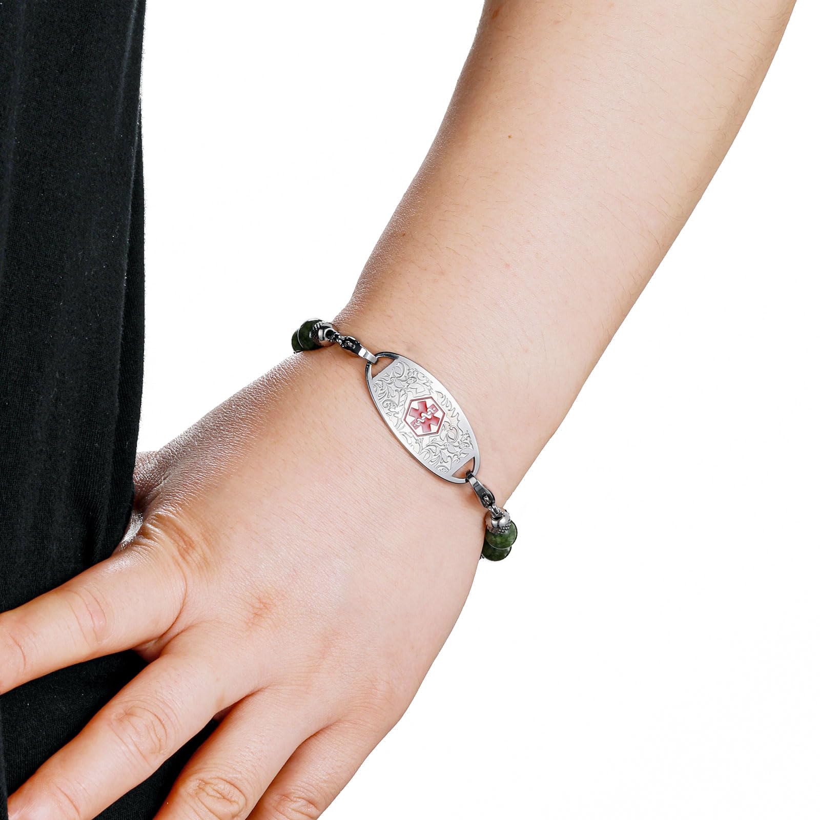 Custom Medical Alert Bracelet with Free Engraving - Adjustable 5.5-8.5 Inch Emergency ID Bracelet for Women & Men - Interchangeable Dark Green & Turquoise Beads - Perfect for Diabetes, Allergies & Emergency Medical Identification