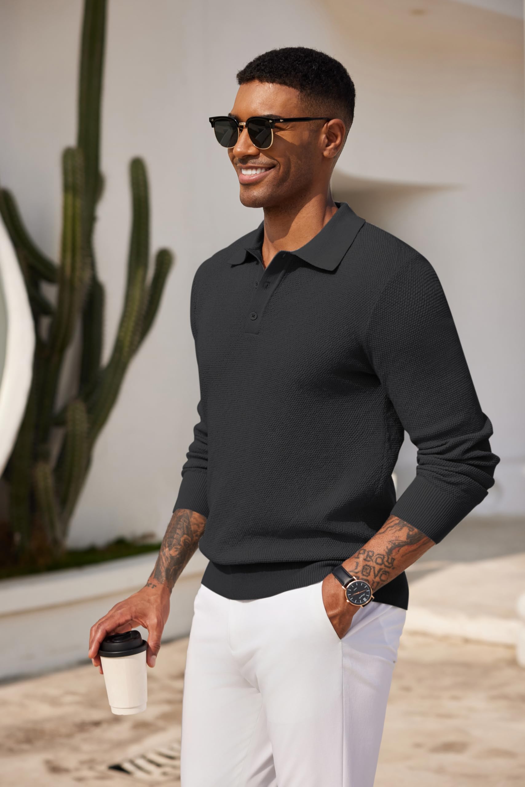 COOFANDY Men's Knit Polo Shirt - Long Sleeve Casual Waffle Textured Collared Sweater for Business Casual & Weekend Outfits | Office Wear, Date Night, Fall Layering
