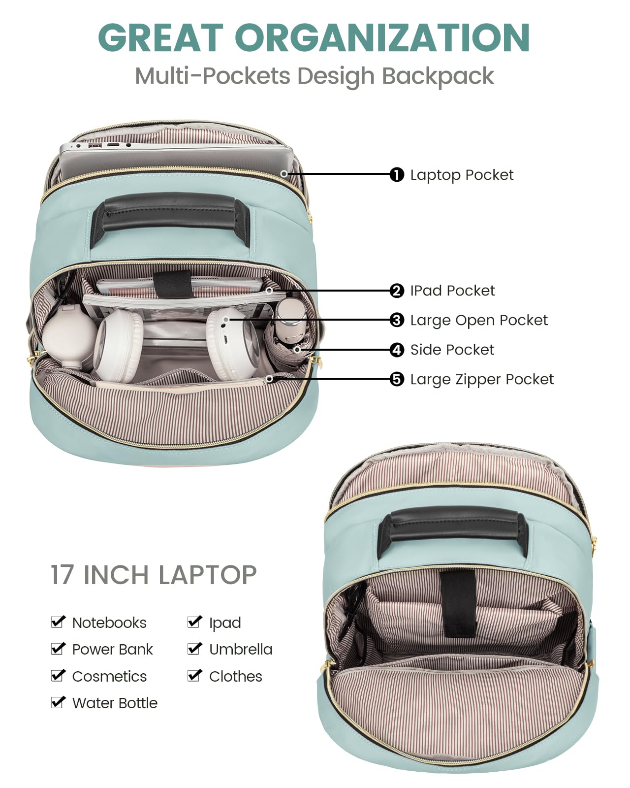 LOVEVOOK Women's Mint Green Laptop Backpack - 17-inch Travel Computer Bag for College, School, Work & Outdoor Activities, Stylish Teen Girl Backpack for Daily Use & Travel Essentials