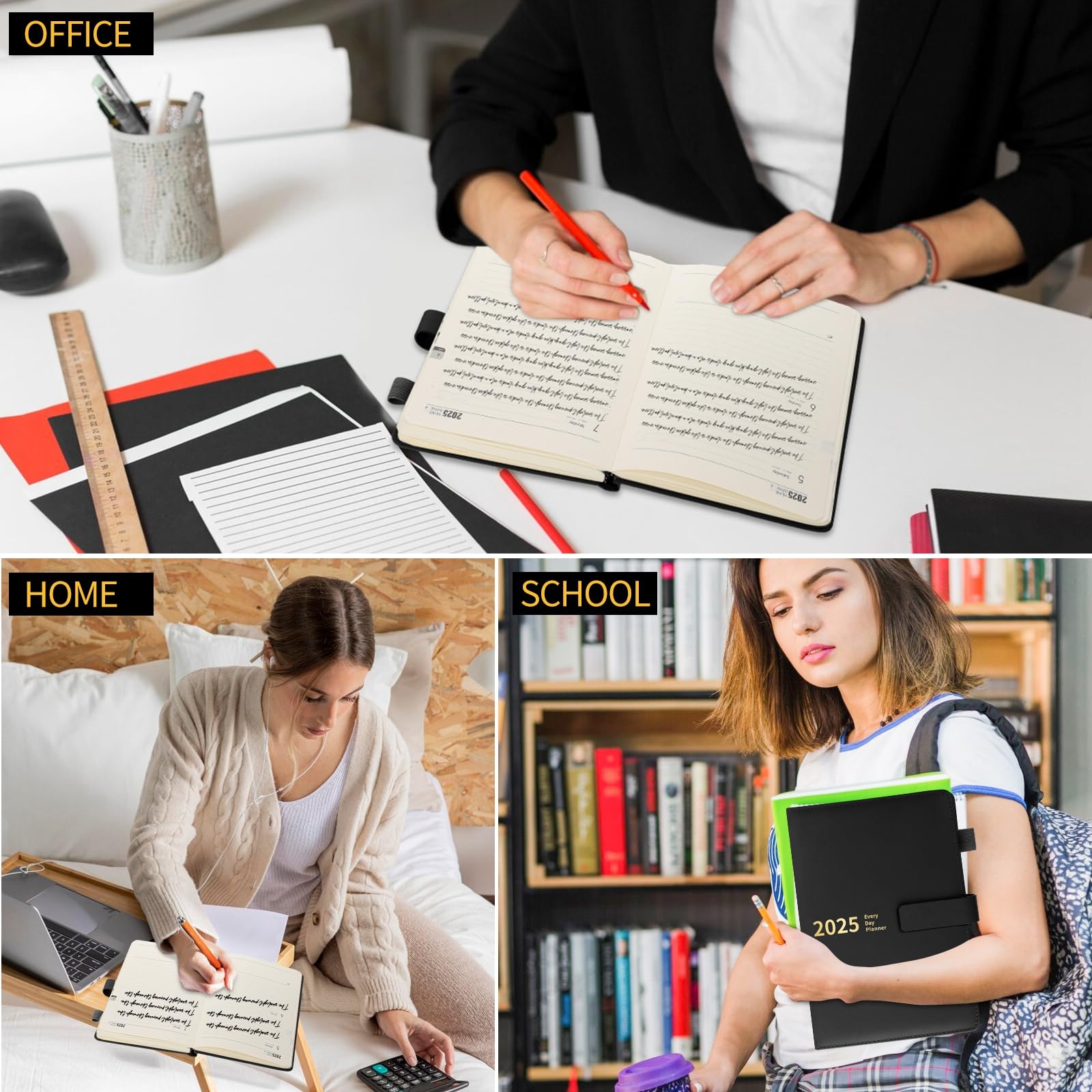 2025 Daily Planner A5 Size - Jan to Dec 2025 Academic Diary with Leather Cover & Stickers | 360 Pages 80GSM Paper | 21x14cm Black | Perfect for Students, Professionals & Gift Giving