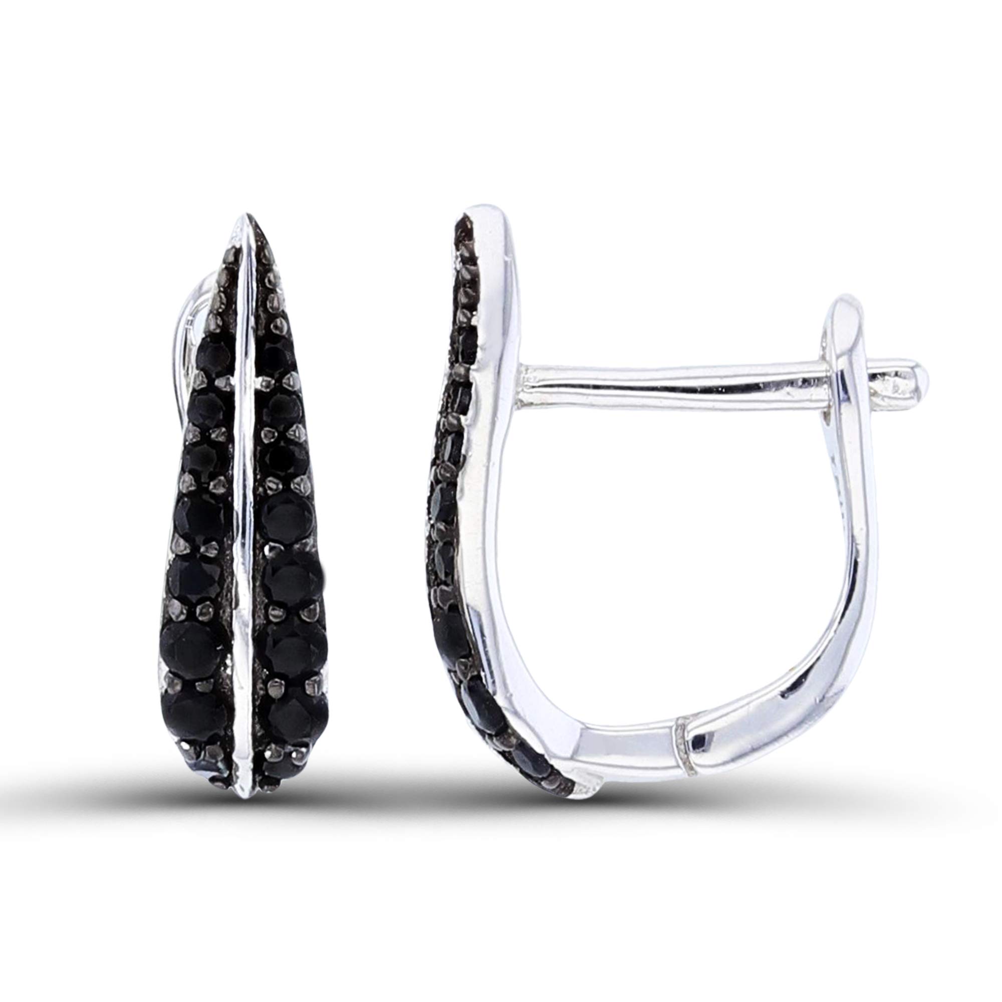 Sterling Silver Two-Tone Round Black Spinel Leaf Huggie Earrings with Omega Back - Elegant Dangle Earrings for Women, Perfect for Everyday Wear, Parties & Gifts
