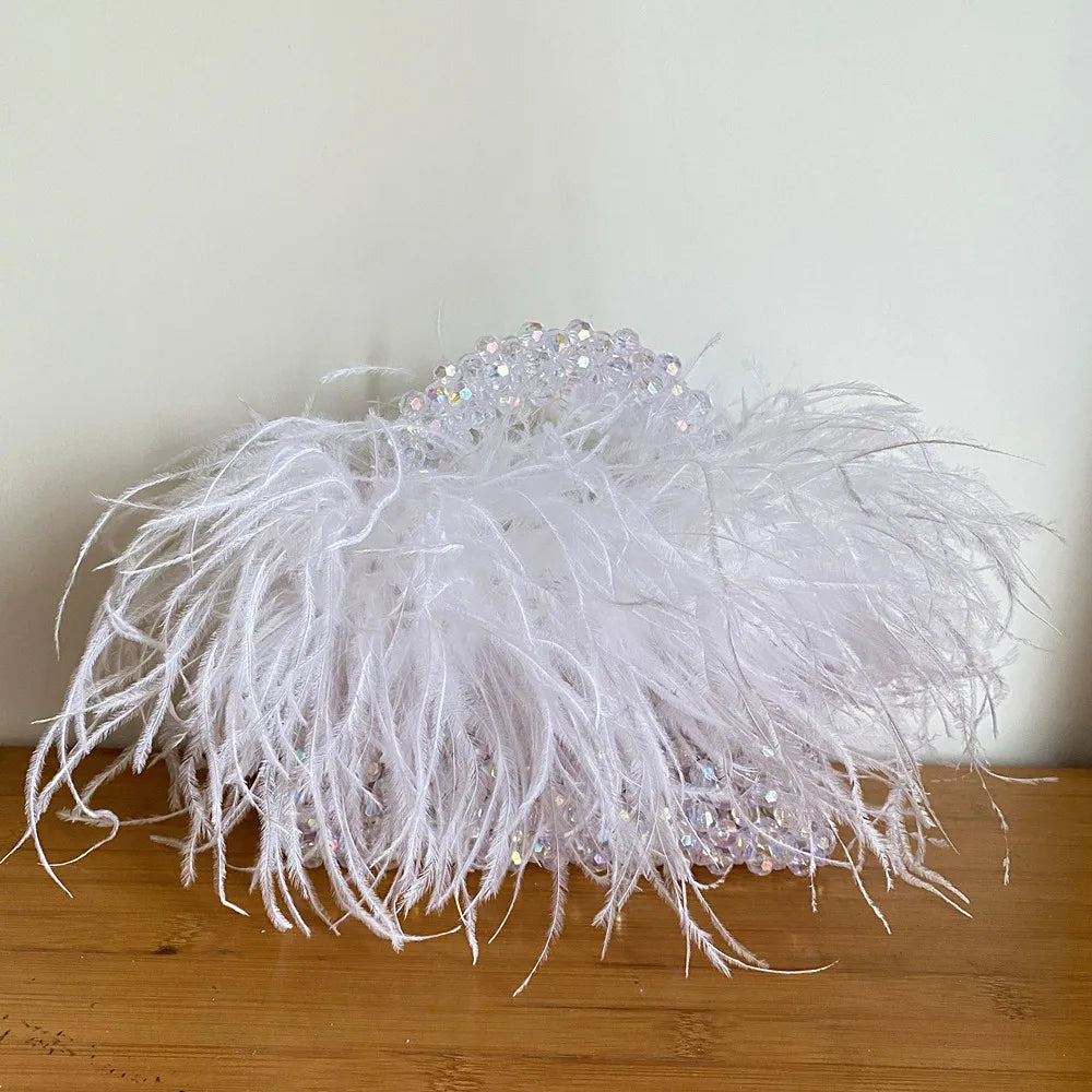 Handmade Designer Pearl Bead Bag with Feather Fur Trim - Elegant Acrylic Crystal Stone Evening Tote Clutch for Women | Perfect for Parties, Weddings & Special Occasions