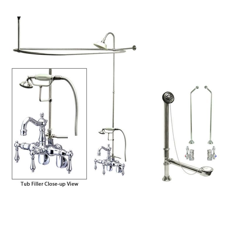 Vintage Chrome Clawfoot Bathtub Faucet Shower Kit with Enclosure & Curtain Rod - 1302T1CTS for Classic Bathroom Renovation & Spa-Style Bathing Experience
