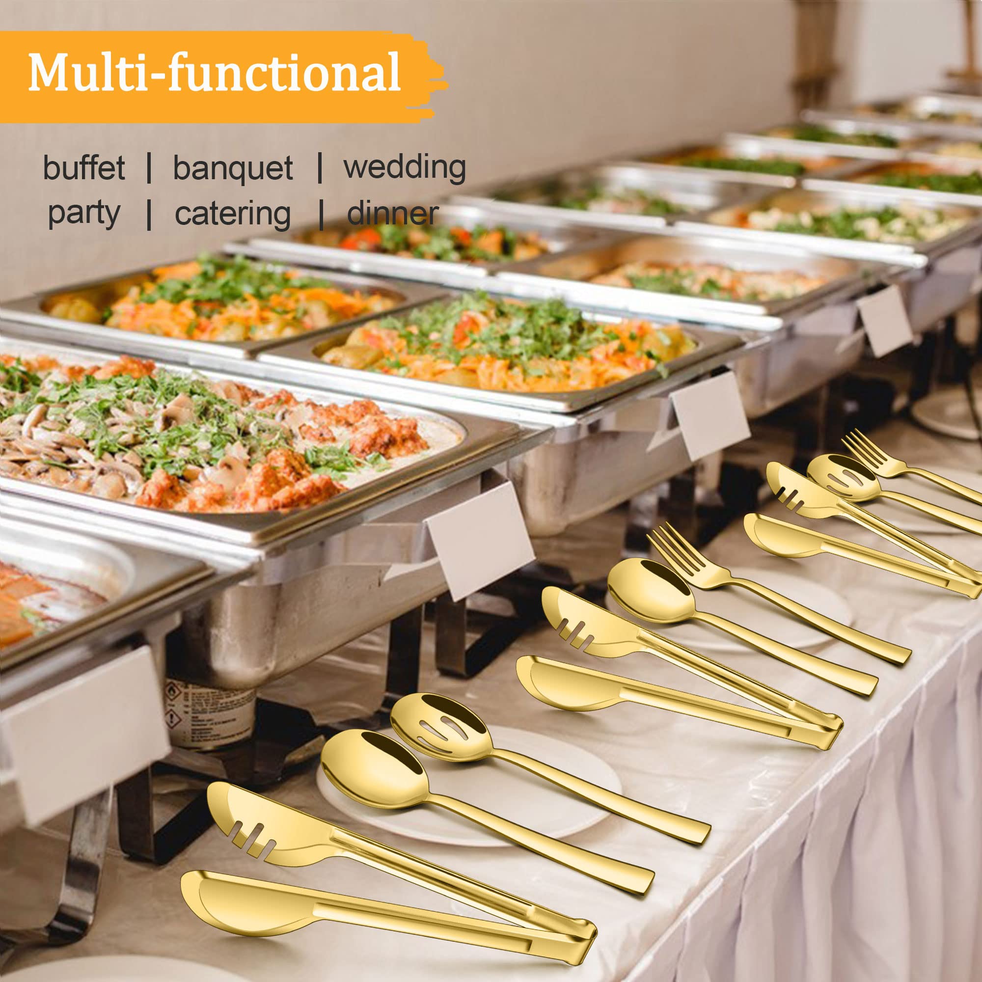 Premium 8-Piece Stainless Steel Serving Utensil Set - Gold Mirror Finish Serving Spoons, Slotted Spoons, Forks & Tongs for Buffet, Party, Banquet - Dishwasher Safe Kitchen Tools for Entertaining & Catering