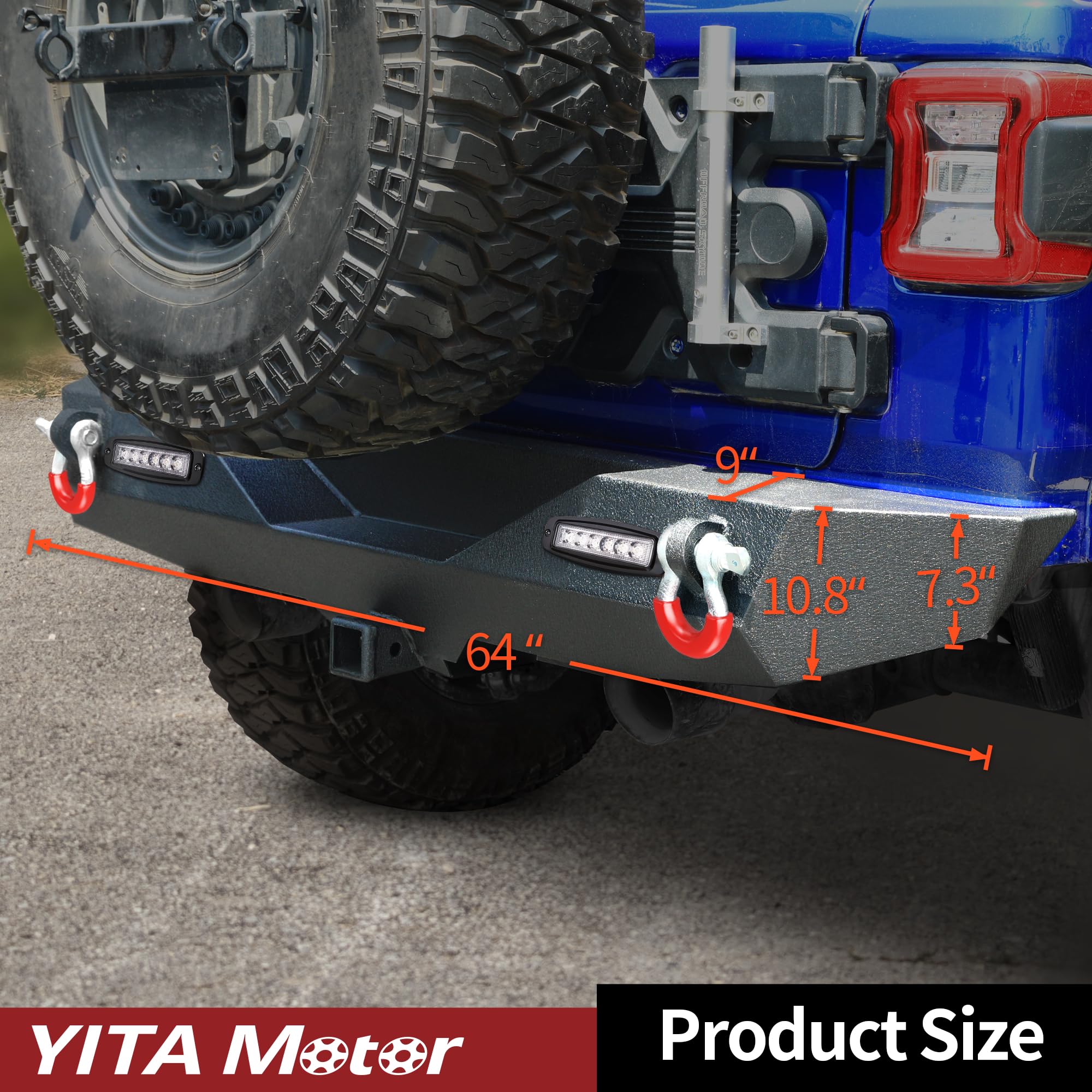 YITAMOTOR Black Rear Bumper with LED Lights, Hitch Receiver & D-Rings for 2018-2025 Jeep Wrangler JL & Unlimited | Off-Road Protection & Towing Accessories