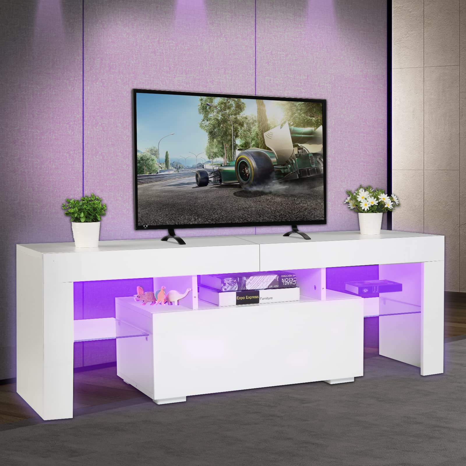 VINGLI 51 Inch Modern TV Stand with LED Lights, White TV Cabinet with Storage, Drawers & Shelves - Perfect for Living Room, Bedroom & Home Theater Setup