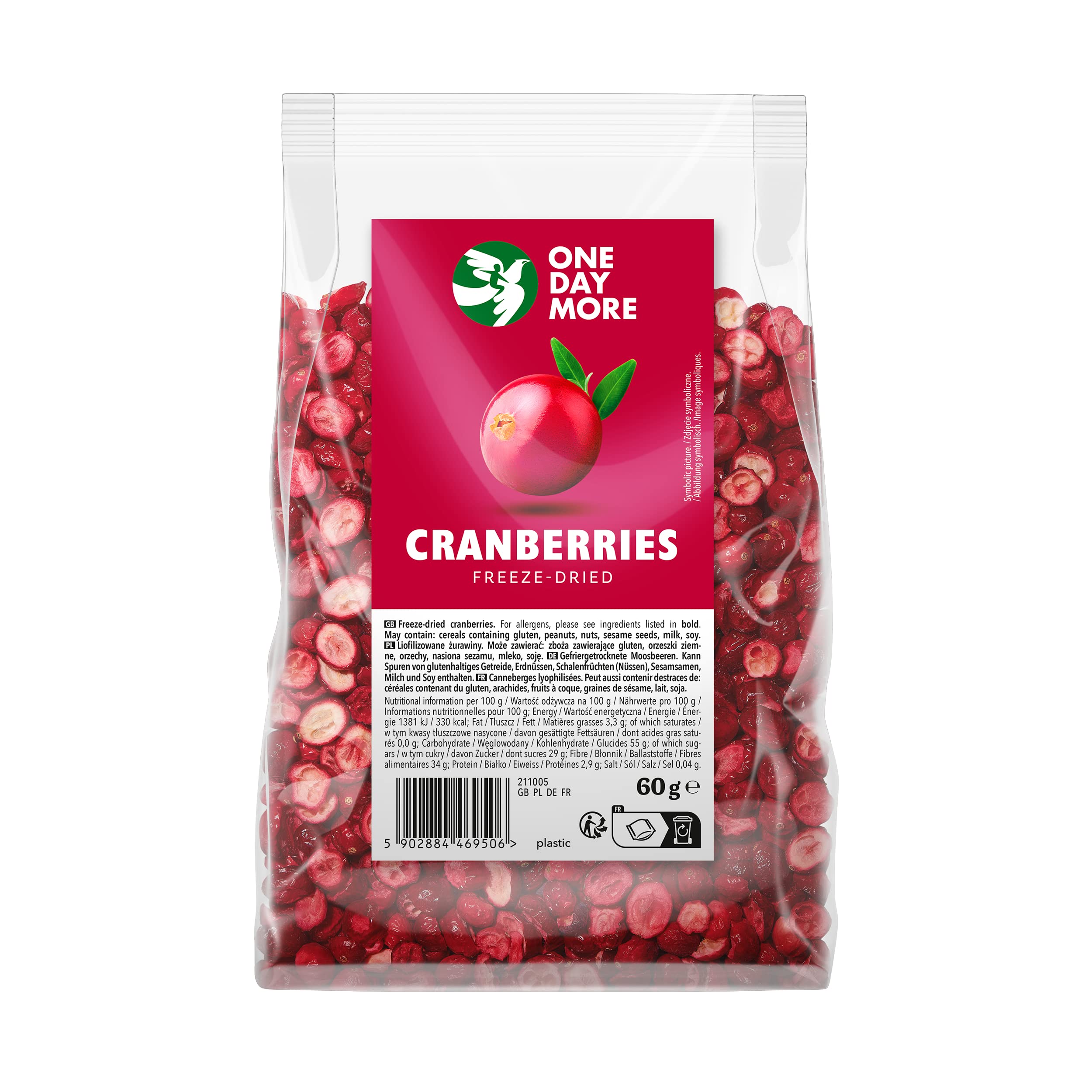 OneDayMore Unsweetened Dried Cranberries - 60g, No Sugar Added, Freeze-Dried Healthy Snack for Salads, Baking & On-the-Go Nutrition