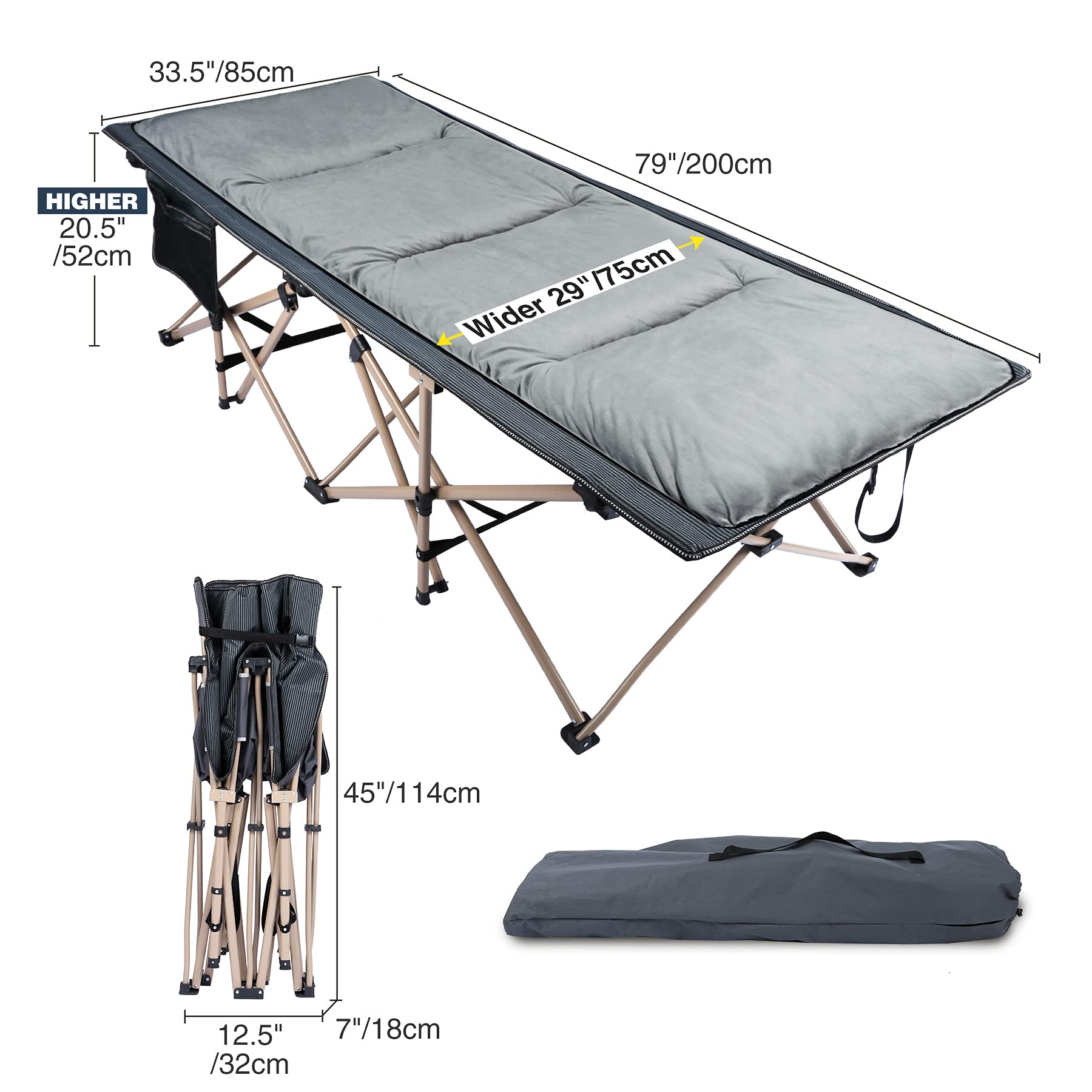 REDCAMP Folding Camping Cots for Adults with Mattress Pad - Soft & Comfortable Oversized Cot for Outdoor, Indoor & Office Sleeping - Perfect for Camping, Travel, Guest Beds & Emergency Use (Grey)