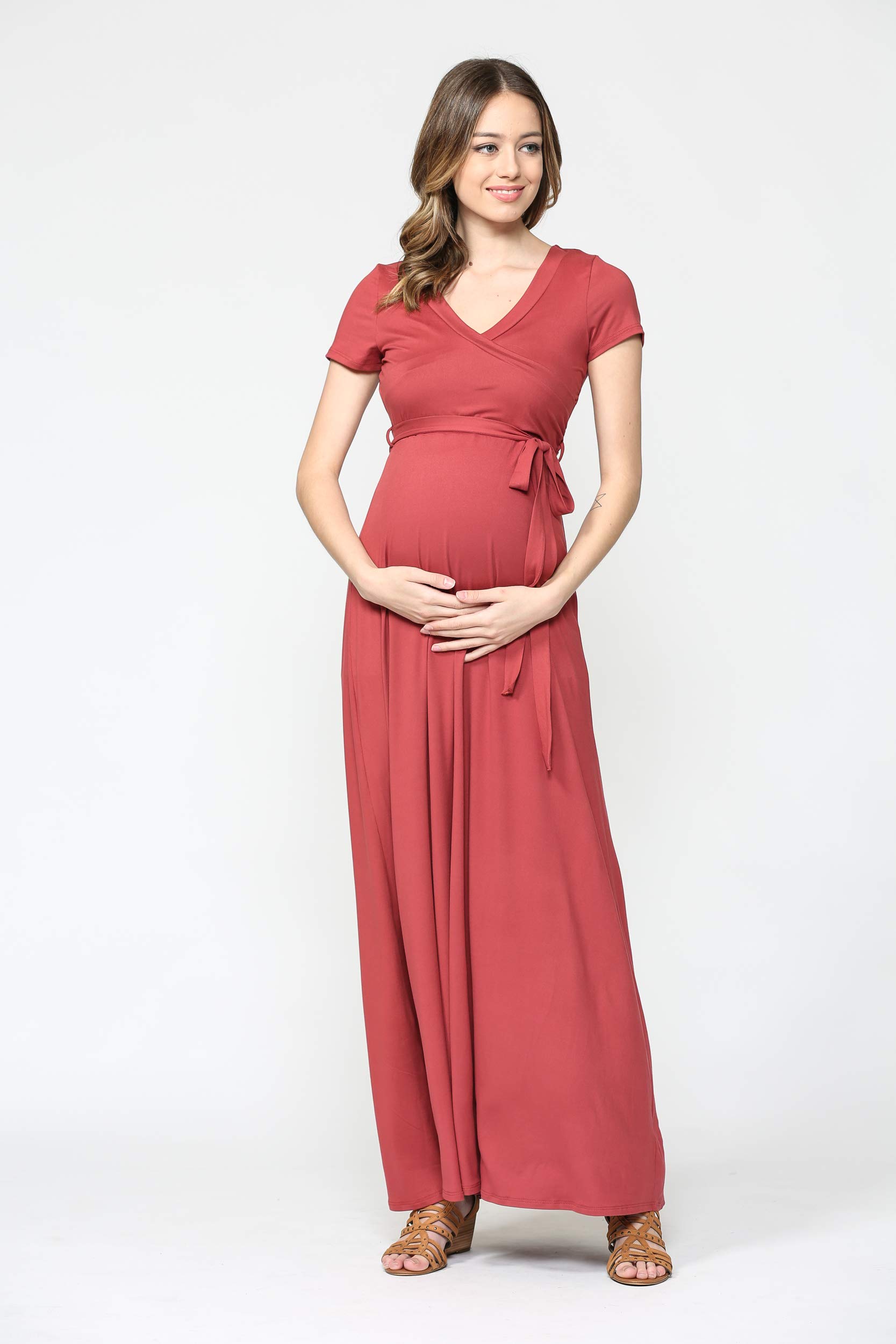 LaClef Women's Faux Wrap Maternity Maxi Dress with Adjustable Belt - Comfortable Pregnancy Dress for Baby Shower, Maternity Photos & Everyday Wear