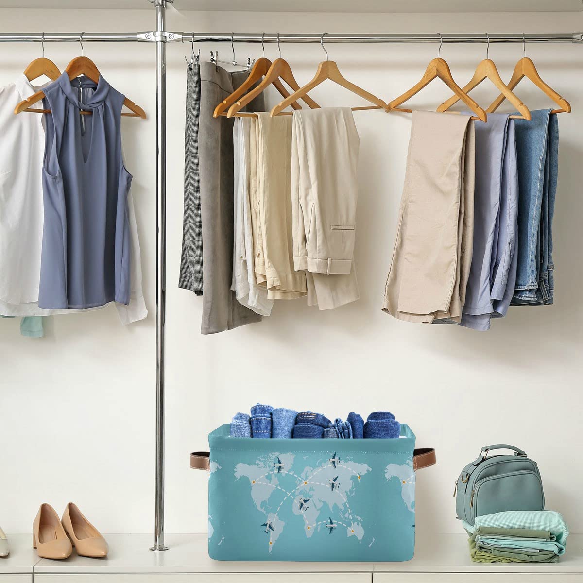 Foldable Storage Bins Cube Basket - World Map Airplanes Design Closet Shelf Organizer with Dual Handles - Perfect for Bedroom, Closet, Office & Kids Room Organization