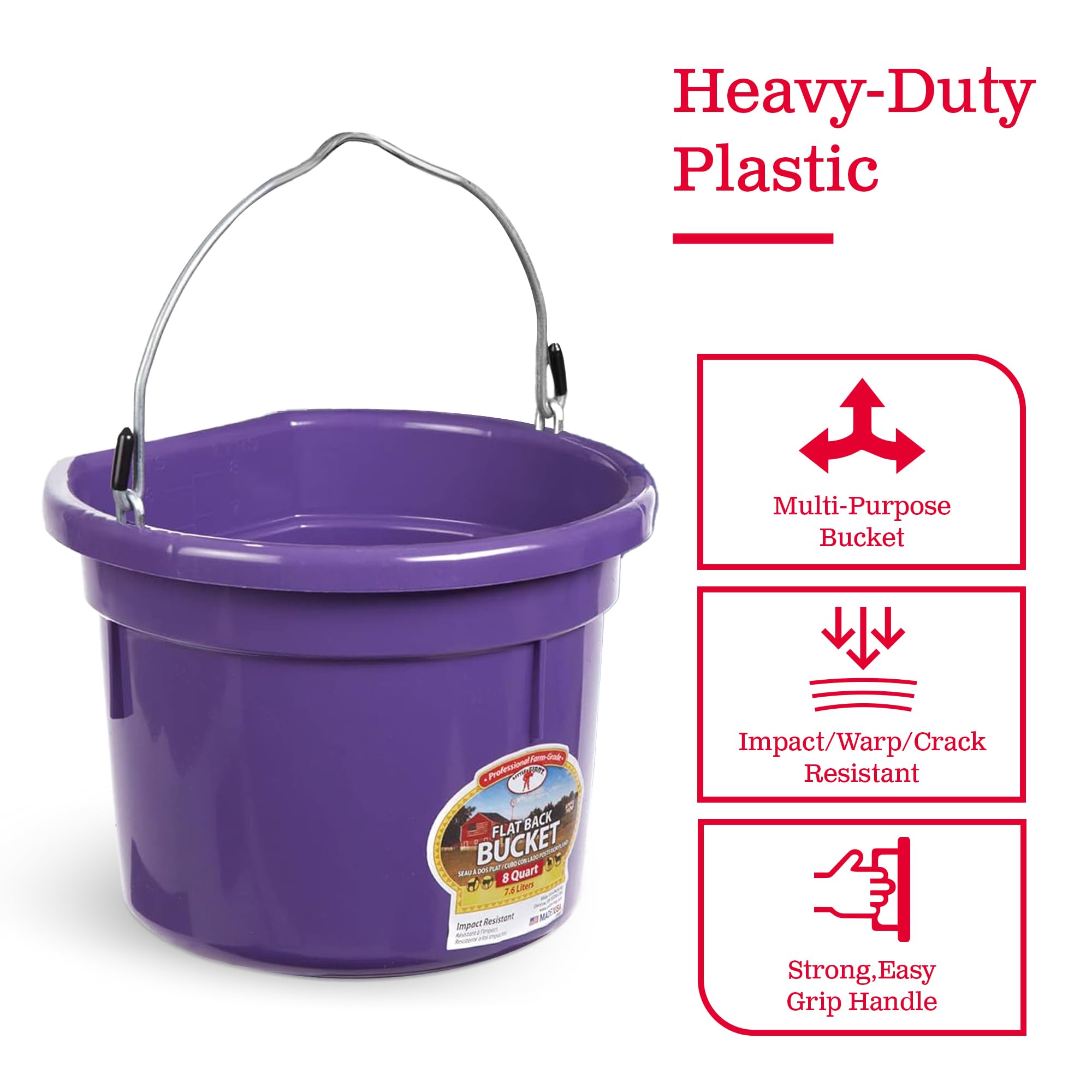 Little Giant P8FBPURPLE 2 Gallon Heavy Duty Plastic Buckets - All Purpose Farm & Household Use for Supplies, Toys, Laundry, Water Storage (4 Pack, Purple) - Ideal for Gardening, Cleaning, Organizing & Outdoor Activities