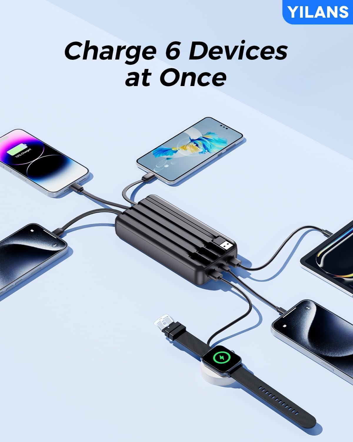 42800mAh Portable Charger with Built-in Cable | 22.5W PD Fast Charging Power Bank | 6 Outputs & 2 Inputs External Battery Pack | Compatible with iPhone 16/15/14/13/12 & Android Phones | Perfect for Travel, Camping & Emergency Power Backup
