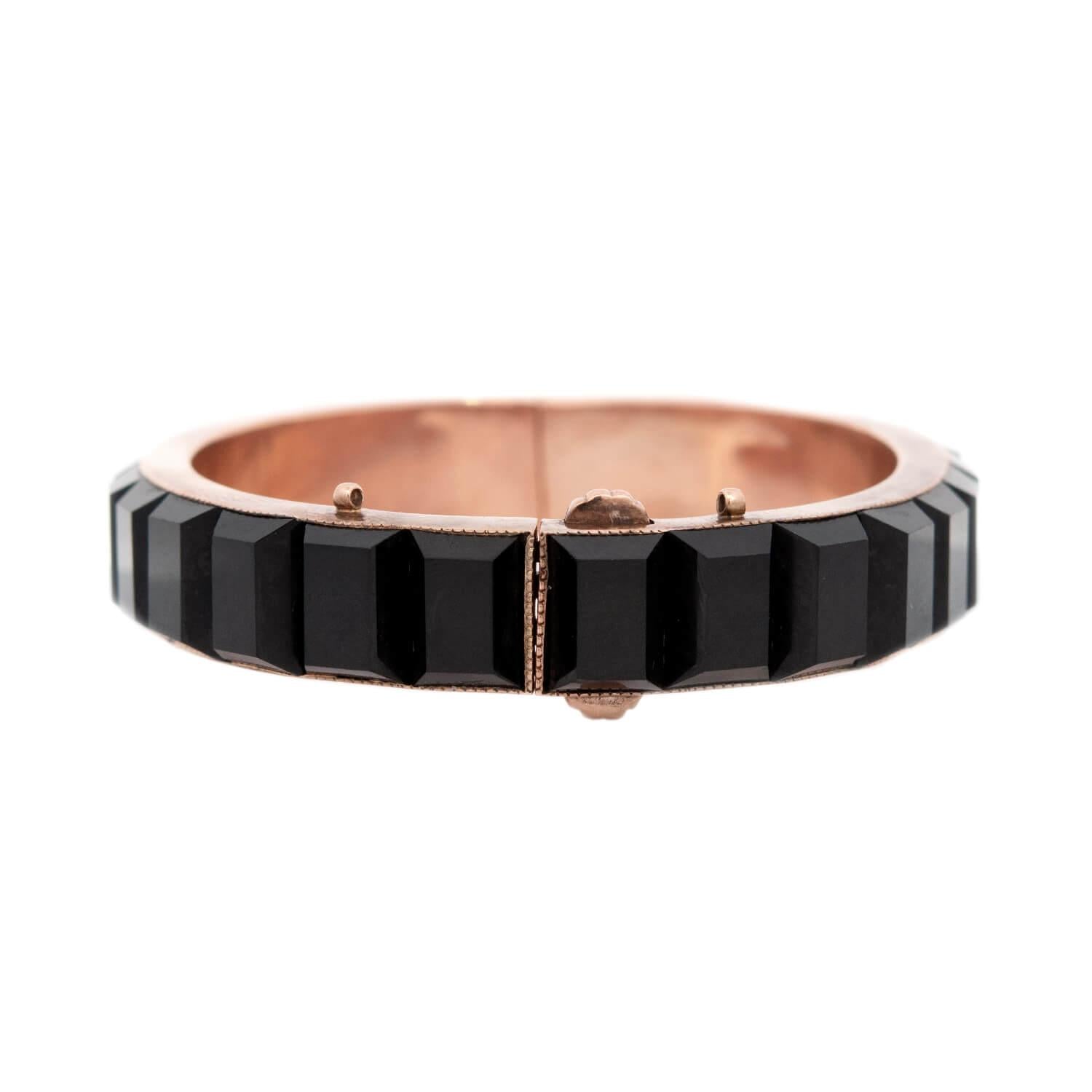 Victorian Style 14k Gold Onyx Hinged Bangle Bracelet - Elegant Antique Jewelry for Women, Perfect for Weddings, Parties & Special Occasions