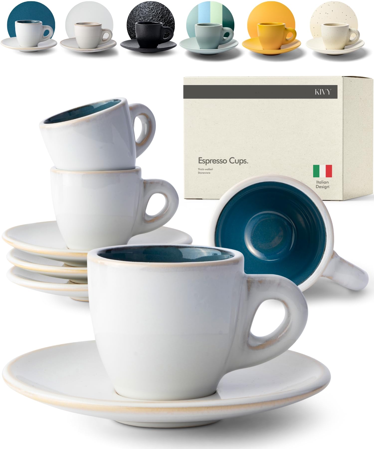 KIVY 4-Piece 3 oz Stoneware Espresso Cup Set with Saucers - Thick Walled Italian Style Coffee Mugs for Espresso Shots - Durable Ceramic Espresso Cups in Blue - Perfect for Home, Cafe, and Restaurant Use