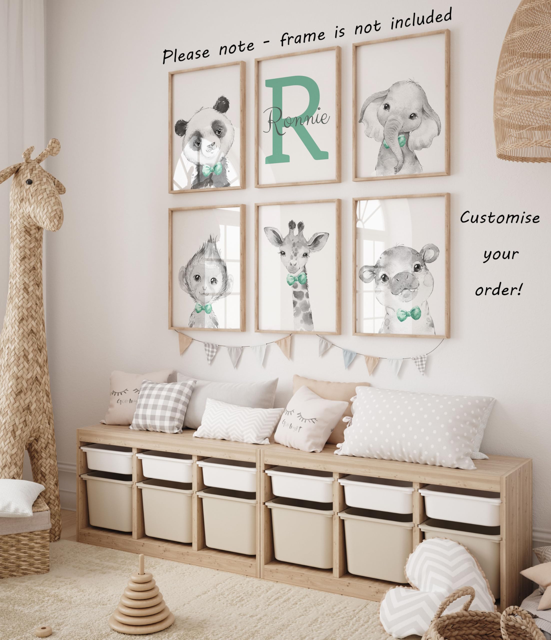 Personalized Safari Animal Nursery Wall Art - Set of 6 Unframed 11x14 Poster Prints with Custom Name (Elephant, Giraffe, Lion, Zebra) - Blue Green Yellow Bow Tie Decor for Baby Boys Room - Perfect Baby Shower Gift & Nursery Decor for Jungle Theme Bedrooms