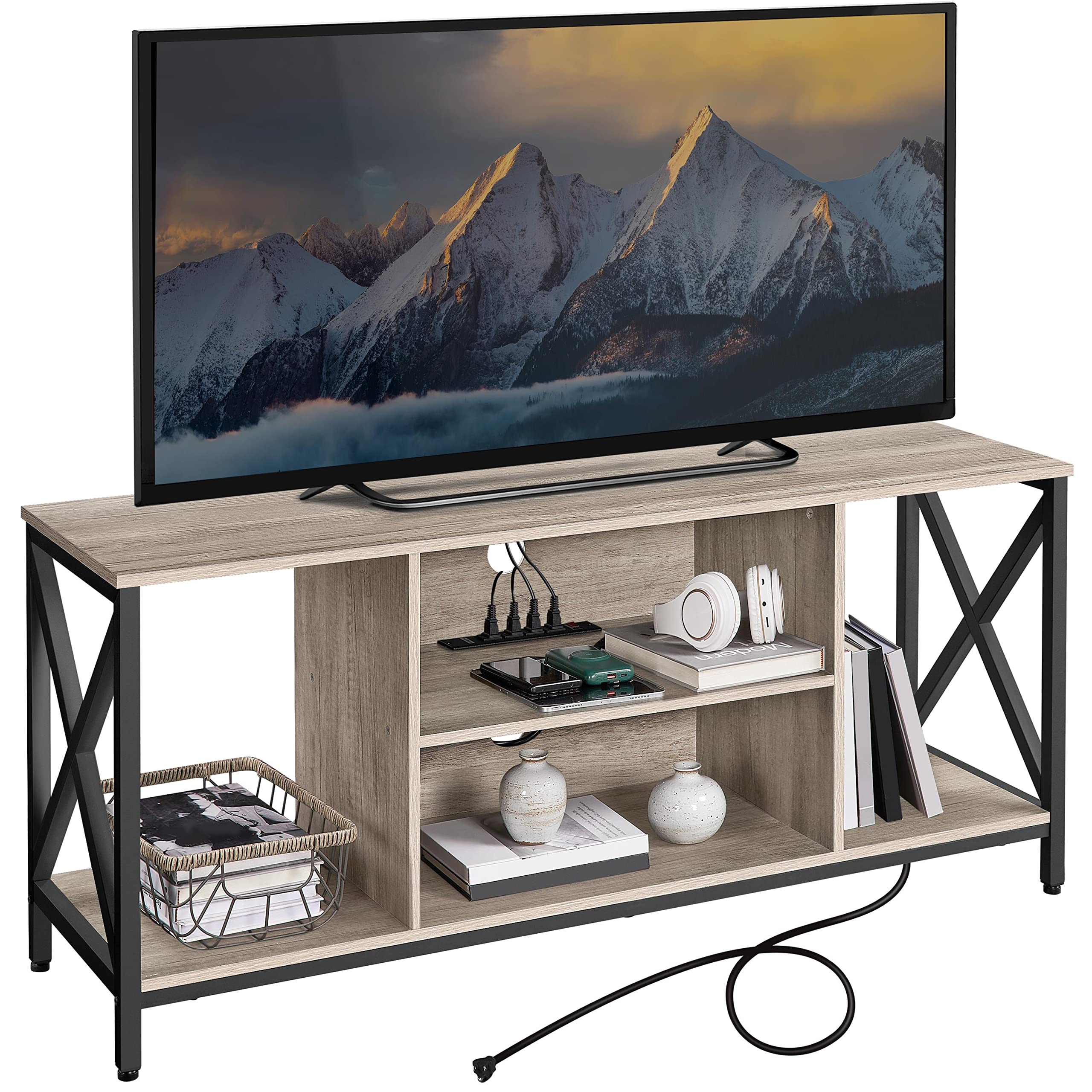 Yaheetech 65 Inch TV Stand with Power Outlets, Industrial Style Entertainment Center & Media Console with Open Storage Shelves - Modern TV Cabinet for Living Room, Bedroom, Home Theater (Gray) - Perfect for Organizing Electronics & Enhancing Home Decor