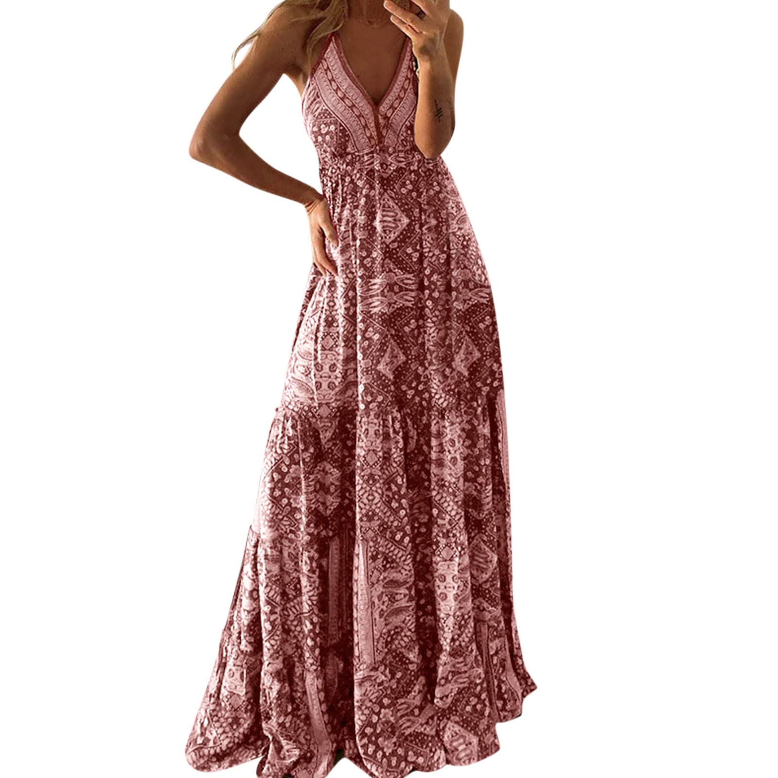 Women's Floral Sleeveless V-Neck Sundress - Casual Bohemian Beach Dress with Slit, Elegant Long Party Dress for Summer Vacations, Date Nights & Outdoor Events