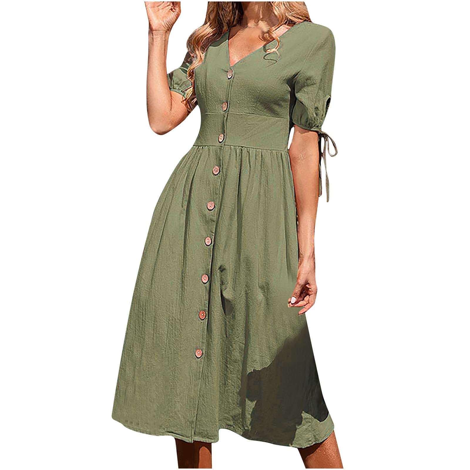 JMLPxx Women's Summer V-Neck Button Down Midi Dress with Puff Short Sleeves - Solid Color A-Line Casual & Formal Dress for Work, Party, Office Wear, Date Night and Special Occasions