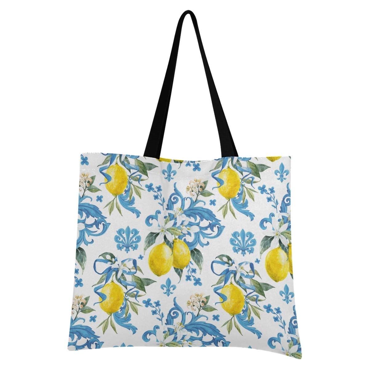 Stylish Blue Lemon Print Canvas Tote Bag for Women - Reusable Grocery Bag with Inner Pocket - Perfect for Work, Beach, Lunch & Travel - Eco-Friendly Shopping Tote