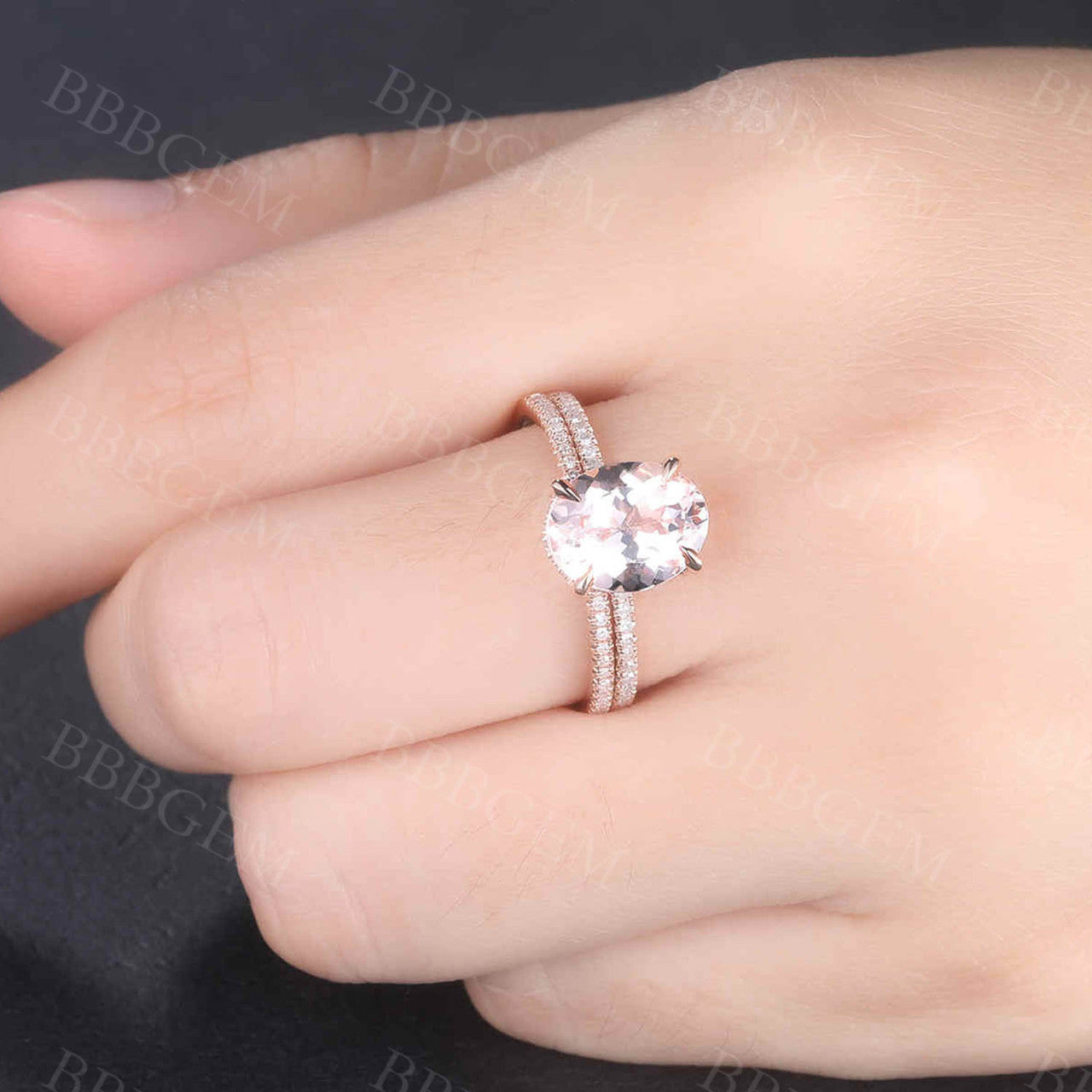 Rose Gold Morganite & Diamond Wedding Ring Set - 7x9mm Oval Art Deco Stacking Band in 14K/18K Gold - Perfect for Engagement, Anniversary & Bridal Jewelry Gifts