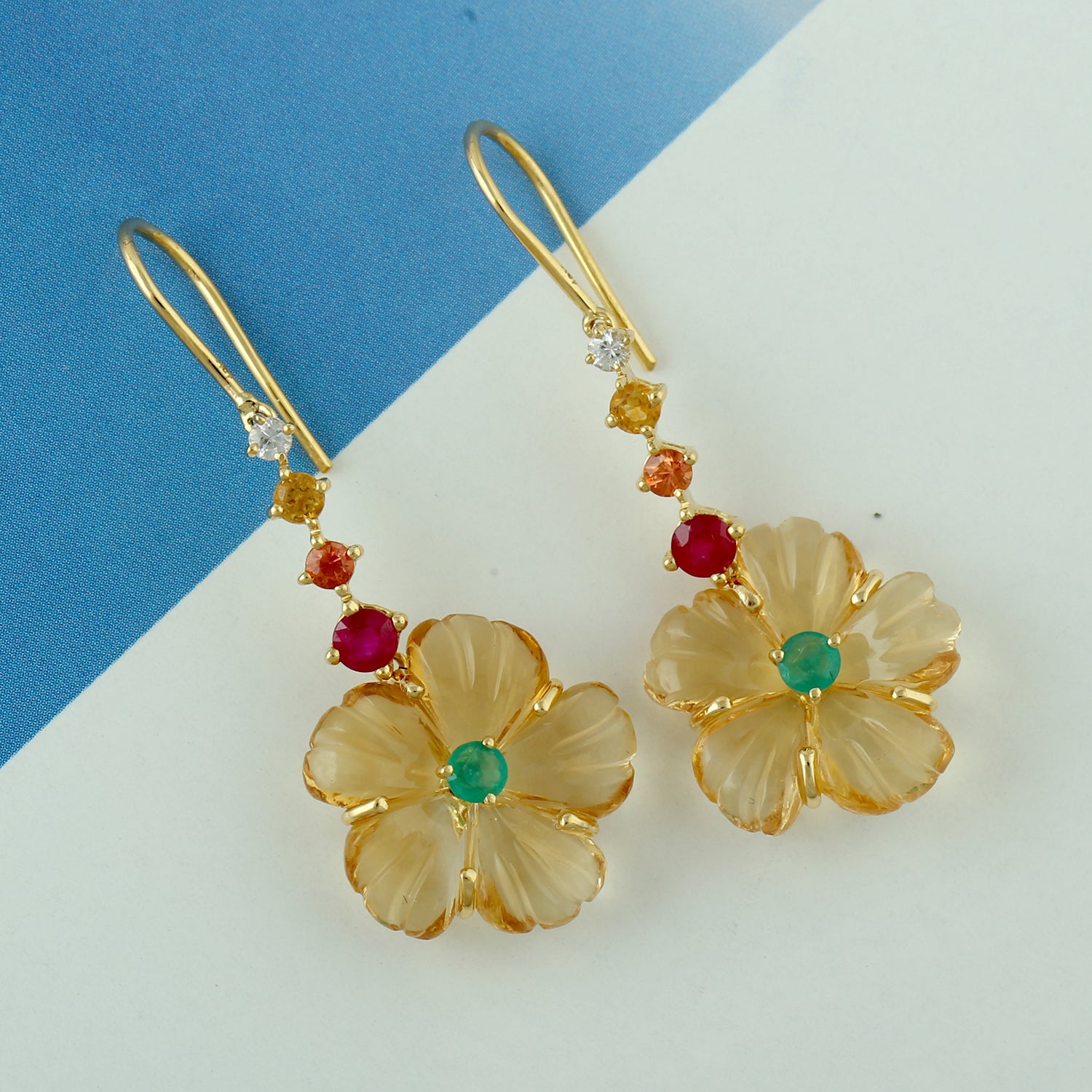 18K Yellow Gold Carved Citrine Ruby Emerald Sapphire Gemstone Ear Hook Dangle Earrings for Women - Perfect for Weddings, Parties & Special Occasions