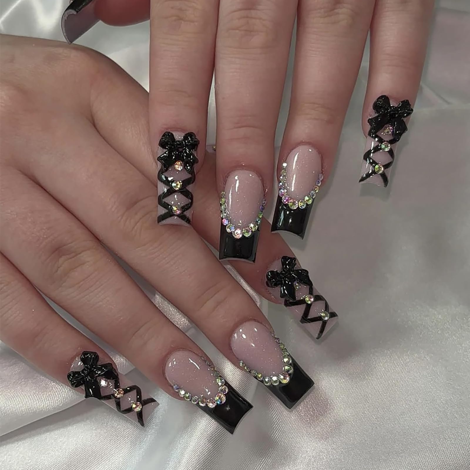 24 Pcs Black Coffin Press on Nails - Long Fake Nails with Bow & Rhinestone Designs, Glitter Acrylic Nails, French Tip False Nails, Natural Reusable Full Cover Stick on Nails for Women - Perfect for Parties, Weddings & Special Occasions