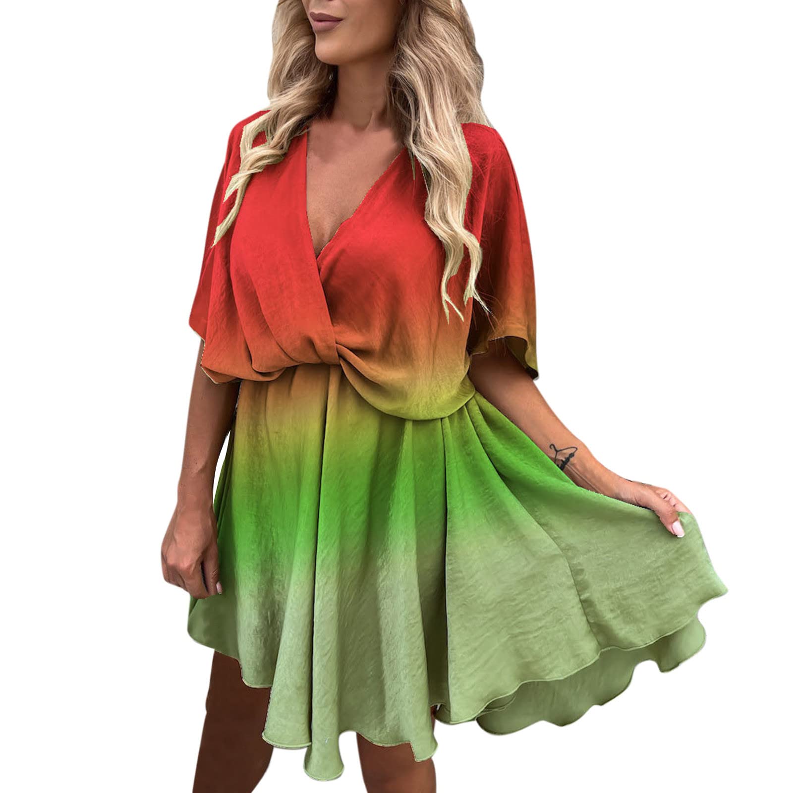 Women's Flowy Batwing Sleeve Mini Dress with Print Design - Summer Beach Party Swing Dress with Ruffled Hem - Casual Overlap Dress for Women (Red, Size S) | Perfect for Beach Vacations, Date Nights & Summer Parties