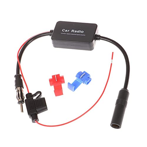 Universal Car Stereo FM Radio Antenna Signal Booster Amplifier - 12V Power Supply with DIN Plug Connector - Enhances Reception for Vehicle, Truck & SUV Audio Systems - Perfect for Road Trips & Remote Areas with Weak Signals