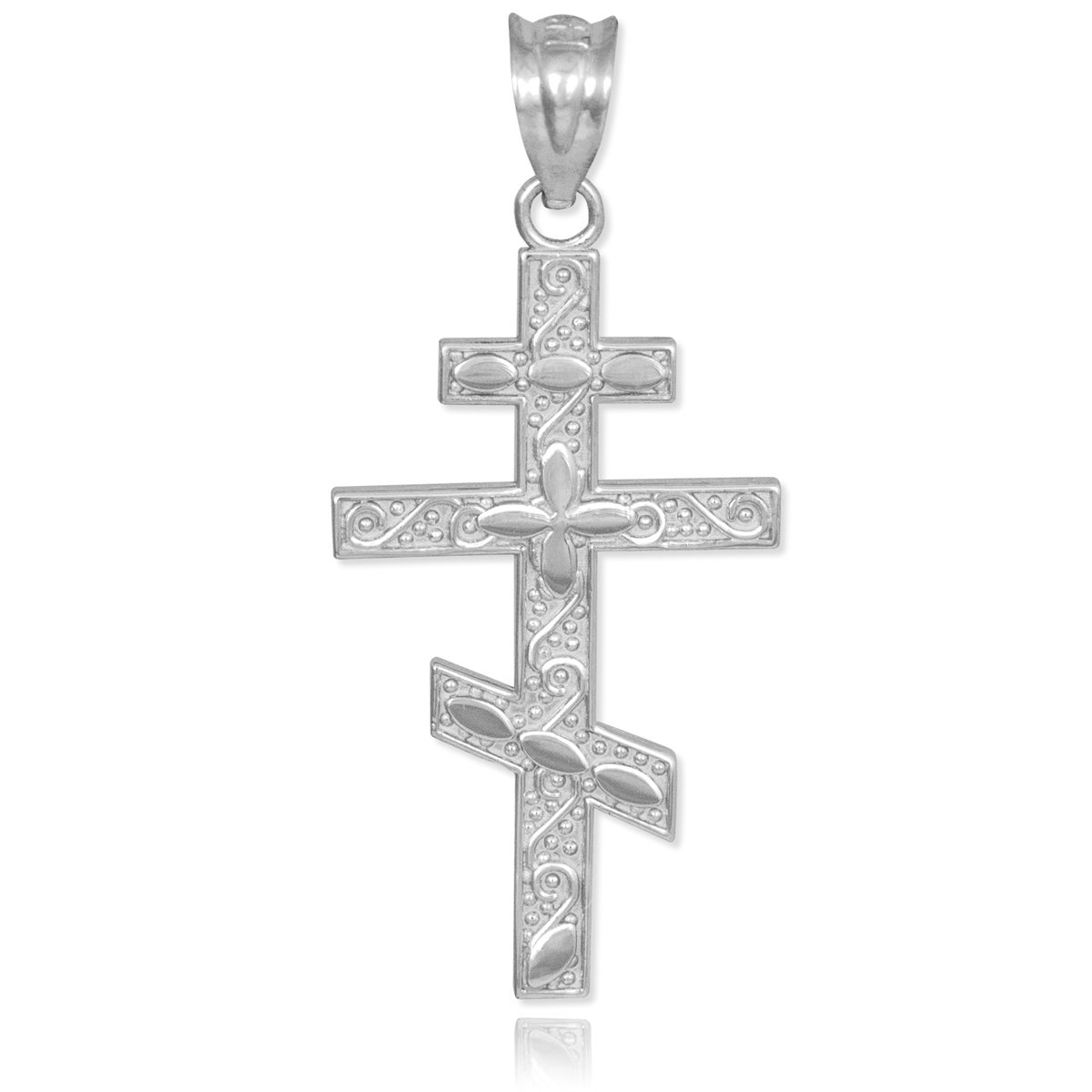 10k White Gold Russian Orthodox Cross Pendant with Claddagh Design - Religious Jewelry for Baptism, First Communion & Spiritual Gifts