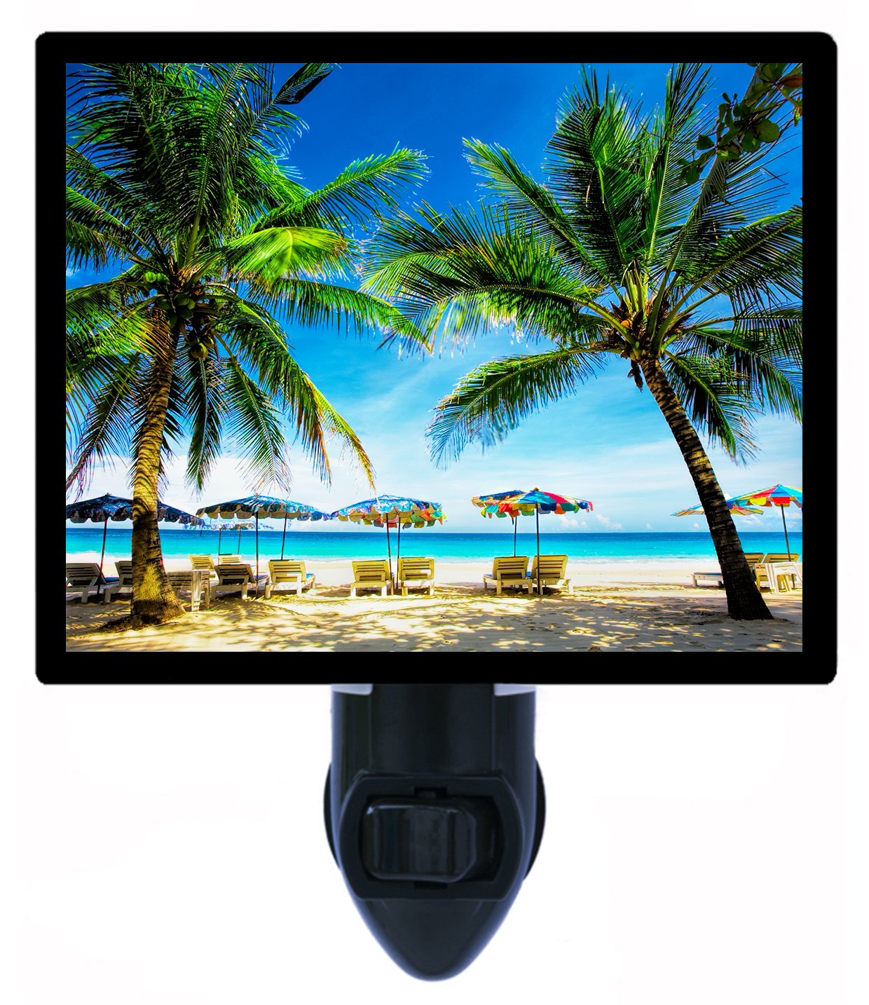 Night Light with Morning Beach, Palm Trees & Tropical Umbrellas Design - Perfect for Nursery, Bedroom, Bathroom or Kids Room Decor