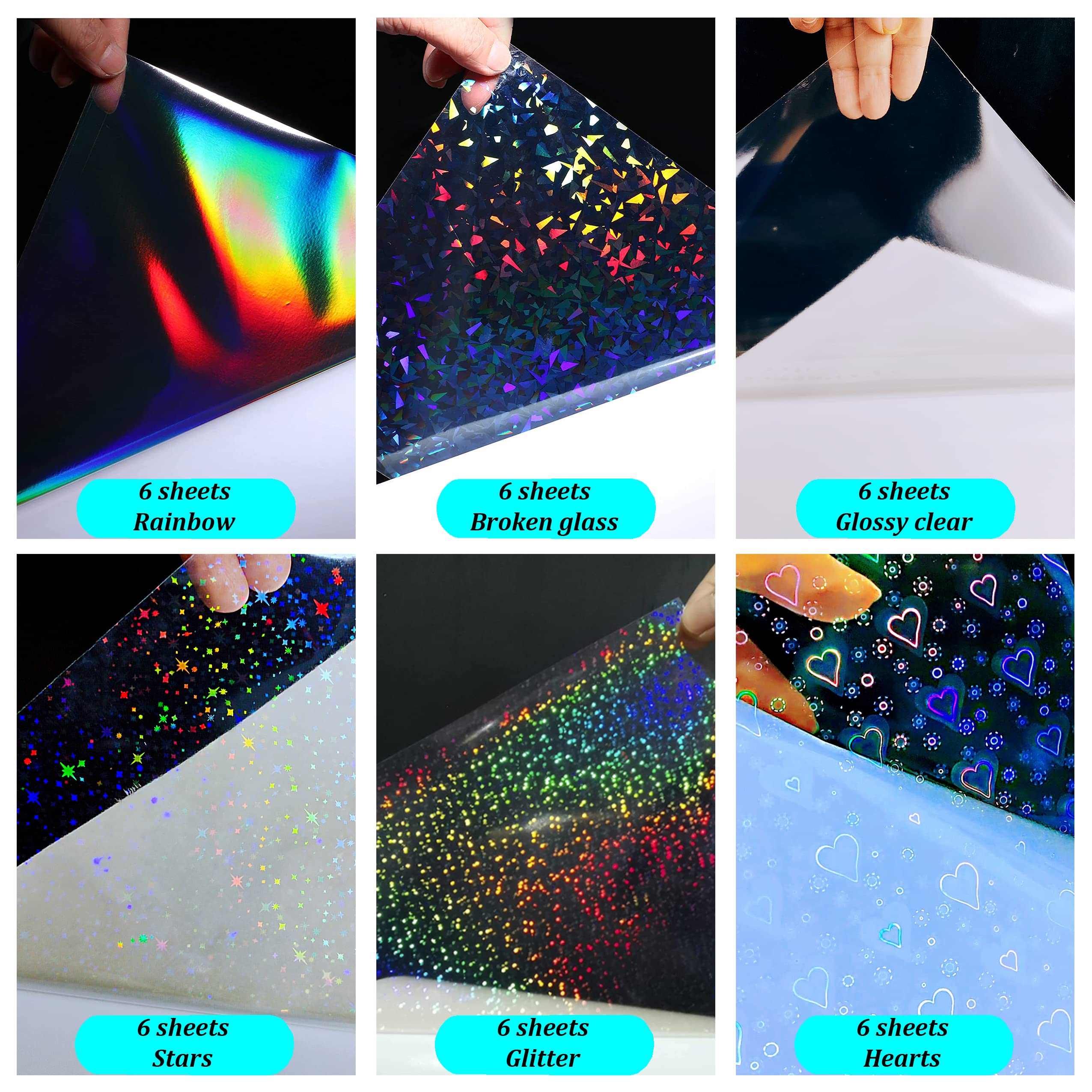 36 Sheets Holographic Sticker Paper - A4 Size (11.7 x 8.3 Inch) Waterproof Self-Adhesive Vinyl with Rainbow Overlay - 6 Mixed Styles for DIY Crafts, Scrapbooking & Decoration