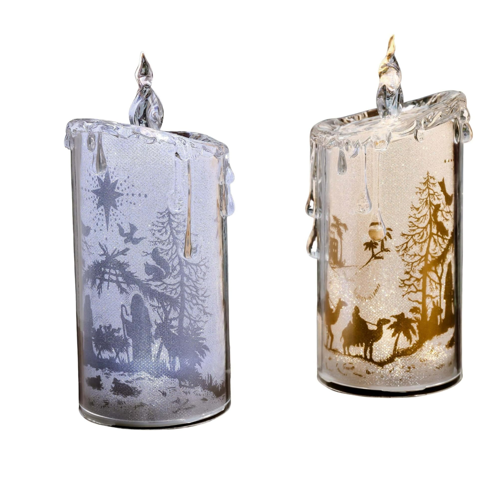 LED Glittering Nativity Candles - 7.75 Inch Gold & Silver Set of 4 - Christmas Decorations for Home, Church & Holiday Table Centerpieces