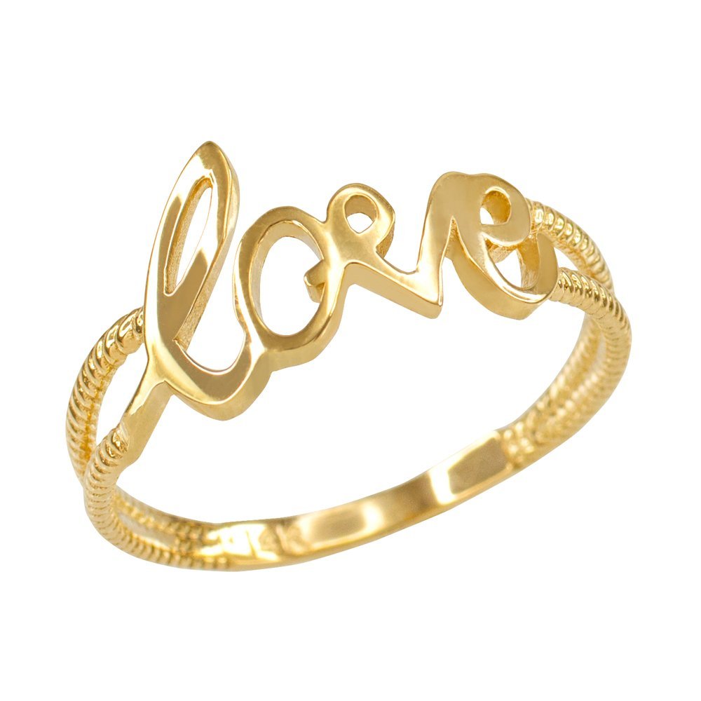 10K Yellow Gold Rope Band Love Script Ring - Modern Contemporary Wedding Band, Stackable Ring for Women, Perfect for Anniversaries, Engagements & Everyday Wear