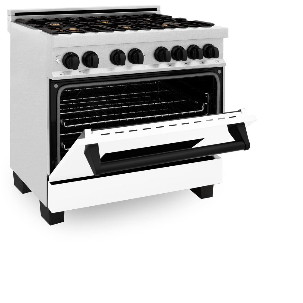 ZLINE Autograph Edition 36-inch Stainless Steel Dual Fuel Range with White Matte Door, Range Hood & Dishwasher - Matte Black Accents (3AKP RAWMRHDWM36 MB) | Premium Kitchen Package for Modern Home Cooking & Entertaining
