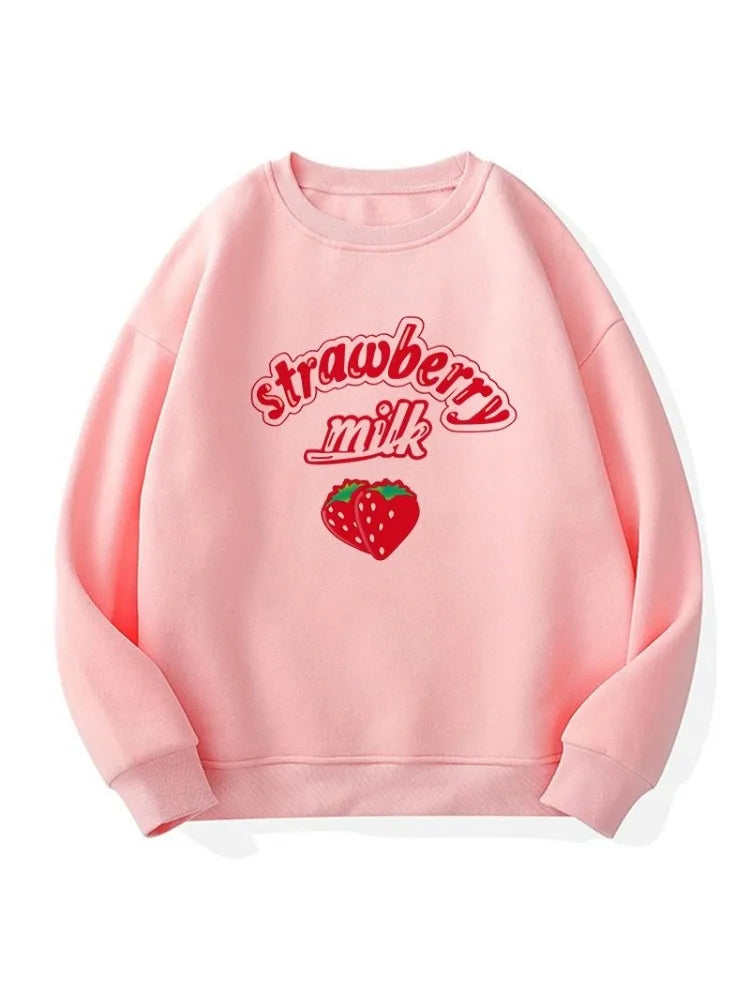 3XL Harajuku Kawaii Strawberry Print Pink Fleece Sweatshirt for Women - Cute Y2K Kpop Fashion Top - Perfect for Streetwear, Casual Outfits & Anime Cosplay
