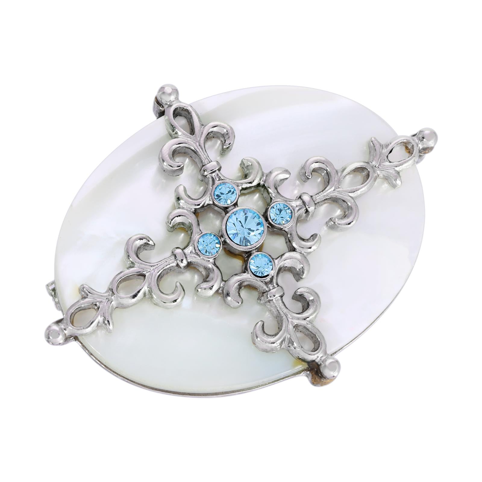 1928 Jewelry Aquamarine Crystal & Mother of Pearl Filigree Brooch Pin - Vintage Inspired Elegance for Weddings, Parties & Special Occasions
