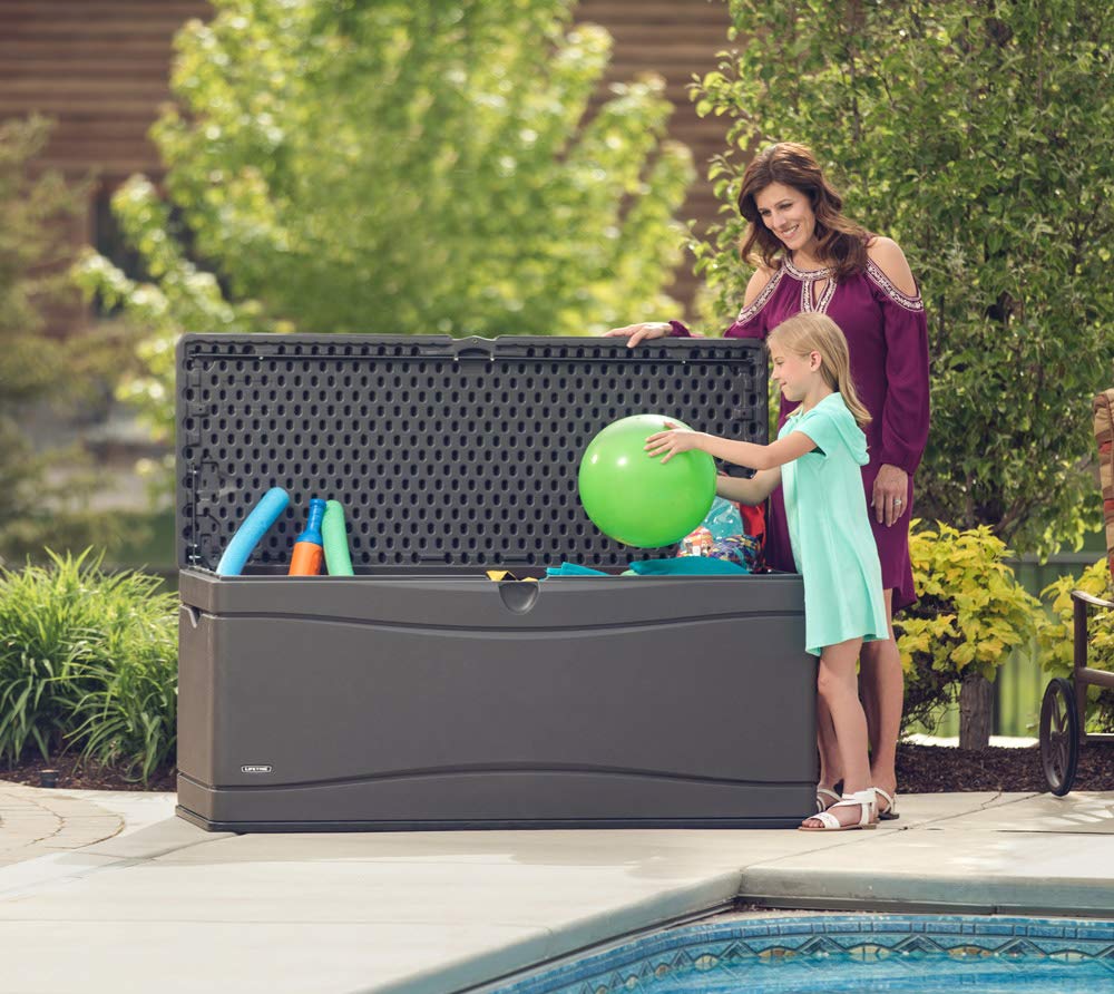 LIFETIME 60298 Heavy Duty 130-Gallon Outdoor Storage Deck Box - Waterproof & Weather-Resistant - Perfect for Patio Furniture Covers, Pool Toys, and Garden Tools Storage (Gray)