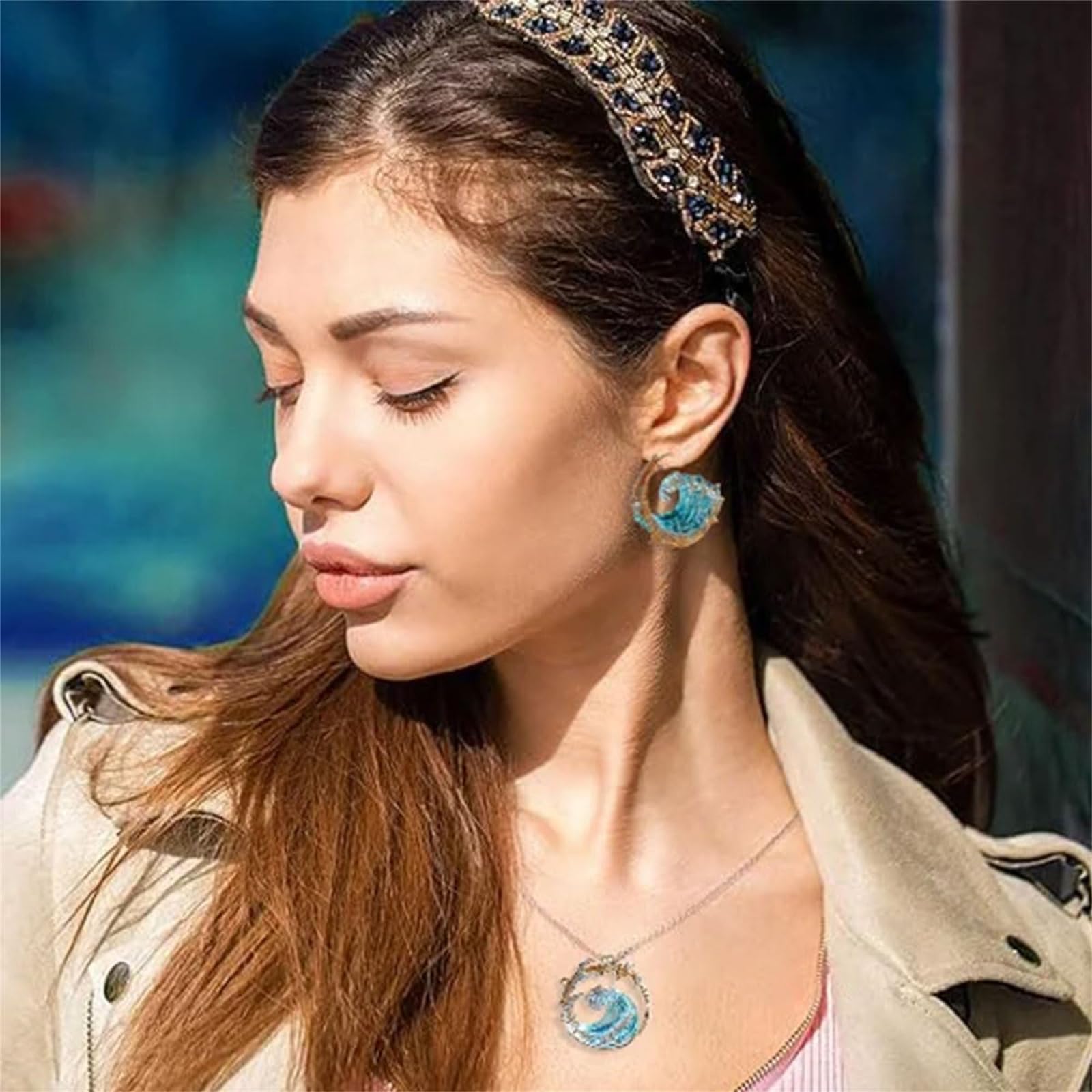 Ocean's Oath Jewelry Set - Boho Blue Ocean Wave Necklace & Earrings for Women | Stylish Summer Beach Jewelry Gift for Girls, Mom, Wife | Perfect for Vacations, Weddings, and Boho Fashion