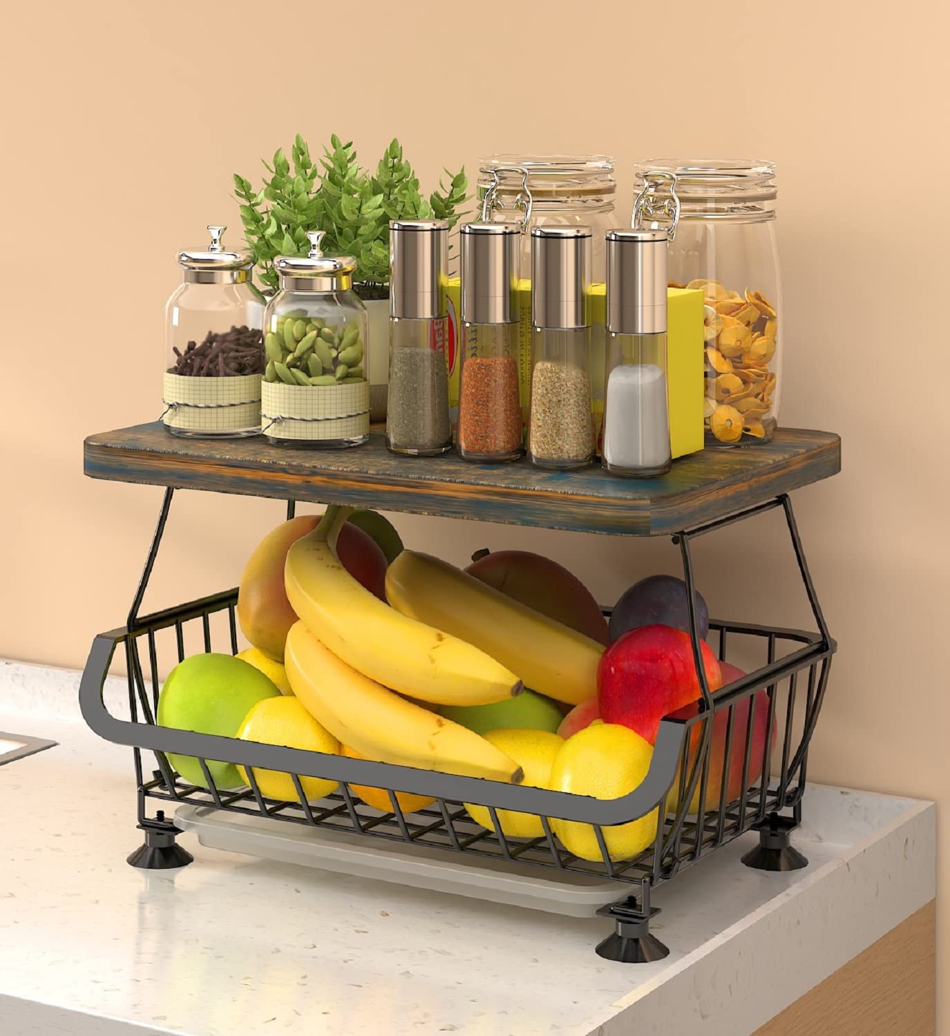 2-Tier Metal Fruit Storage Basket Organizer - Countertop Kitchen Rack for Bread, Onion, Potato Bins - Perfect for Kitchen, Bathroom, Bedroom Organization