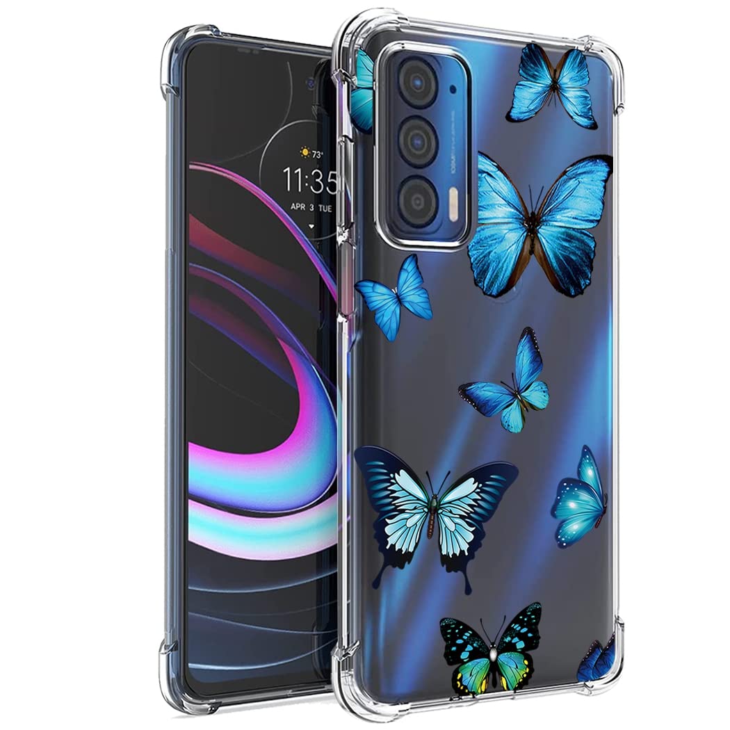 Shockproof Clear TPU Phone Case for Moto Edge 2021/5G UW/G Power 2022 - Cute Blue Butterfly Pattern Slim Protective Cover | Durable Soft Rubber Back for Motorola Edge 2021 - Perfect for Daily Use, Work & Travel Protection