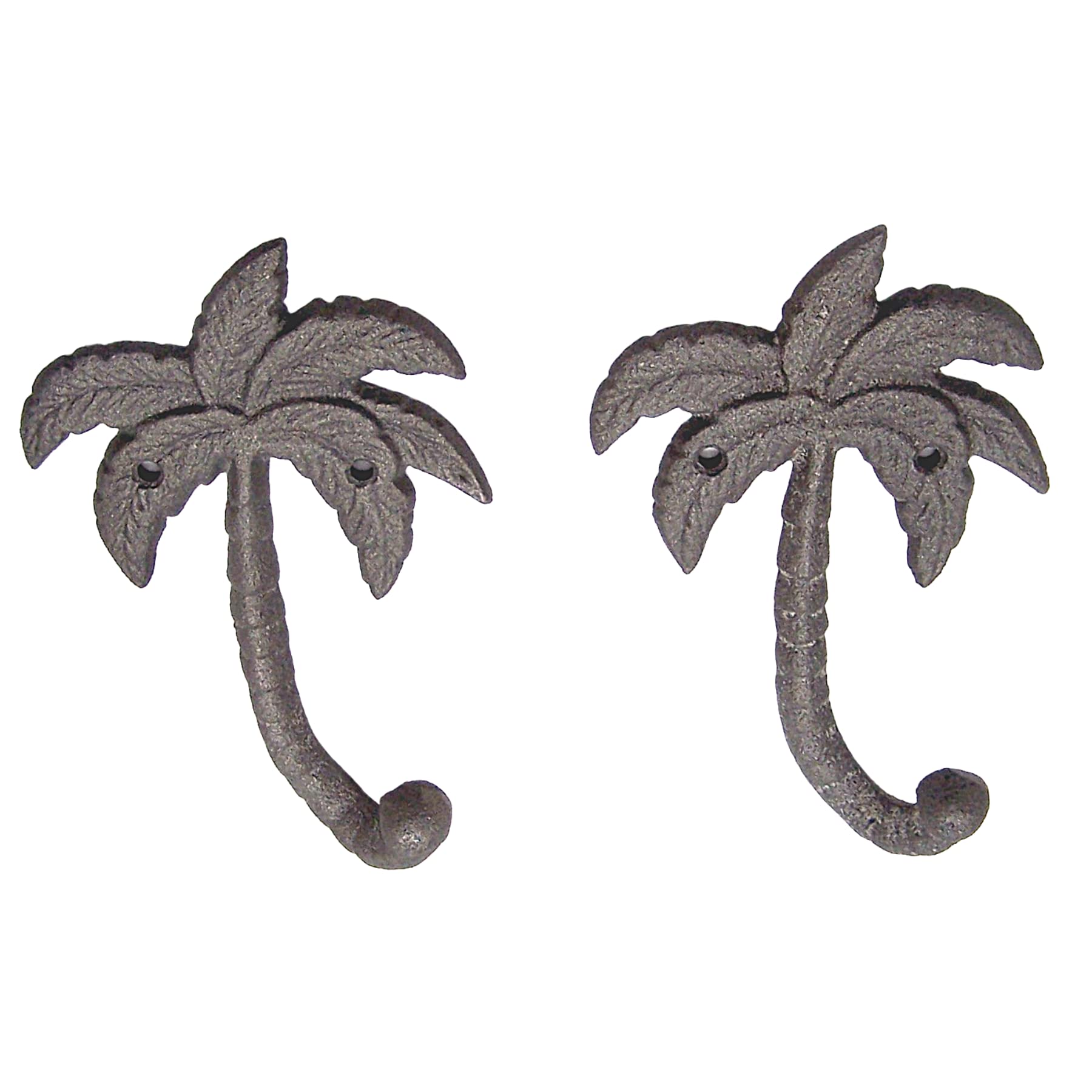 Palm Tree Cast Iron Wall Hooks - Set of 2 Gray Wall Mounted Hooks for Coats, Bags, Towels & Hats - 6.5 Inch Beach Themed Wall Decor - Perfect for Bathroom, Entryway & Coastal Home Decor