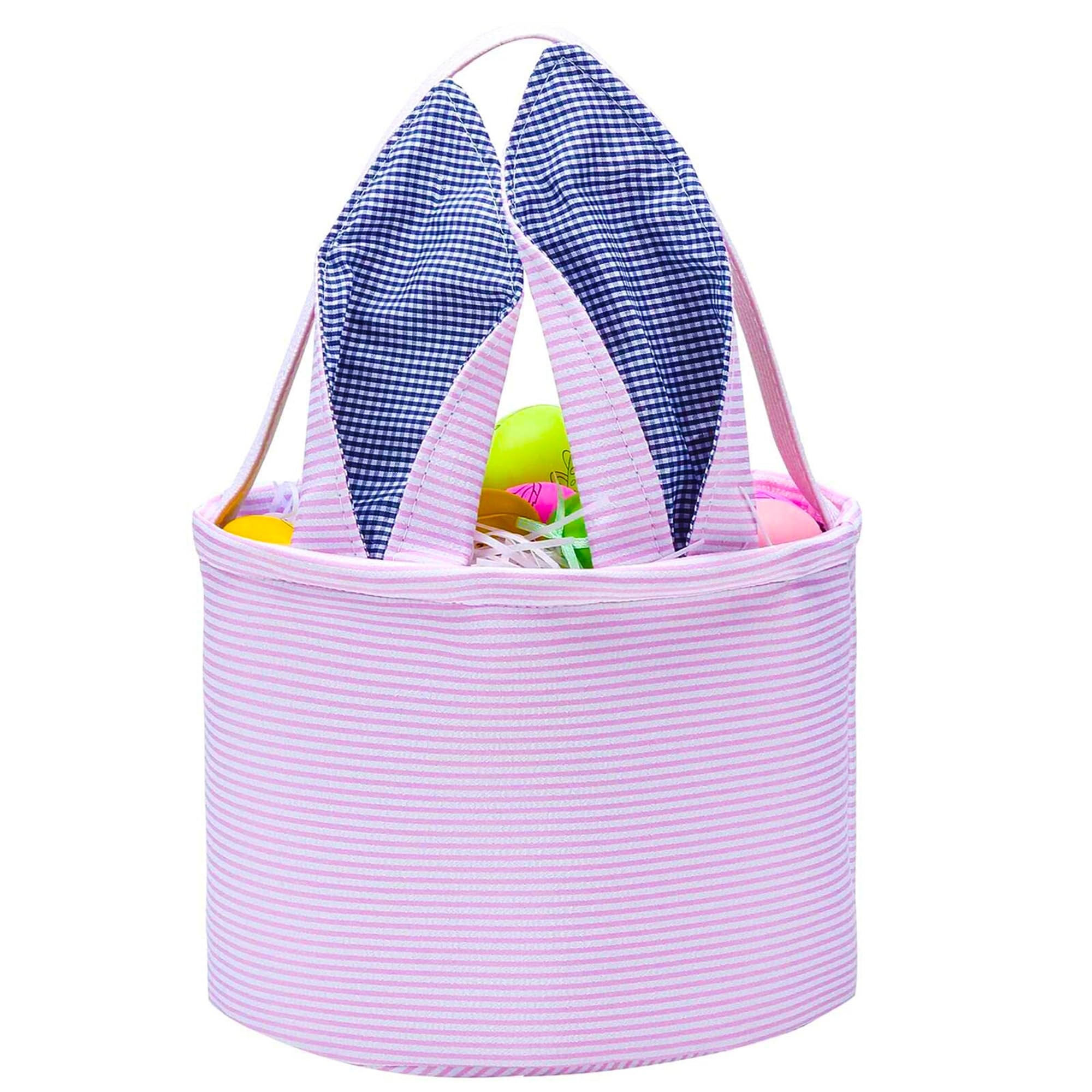 Personalized Easter Bunny Basket - Seersucker Egg Candy Bag with Fluffy Tail for Kids (Pink) - Perfect for Easter Egg Hunts, Party Favors & Spring Gift Giving