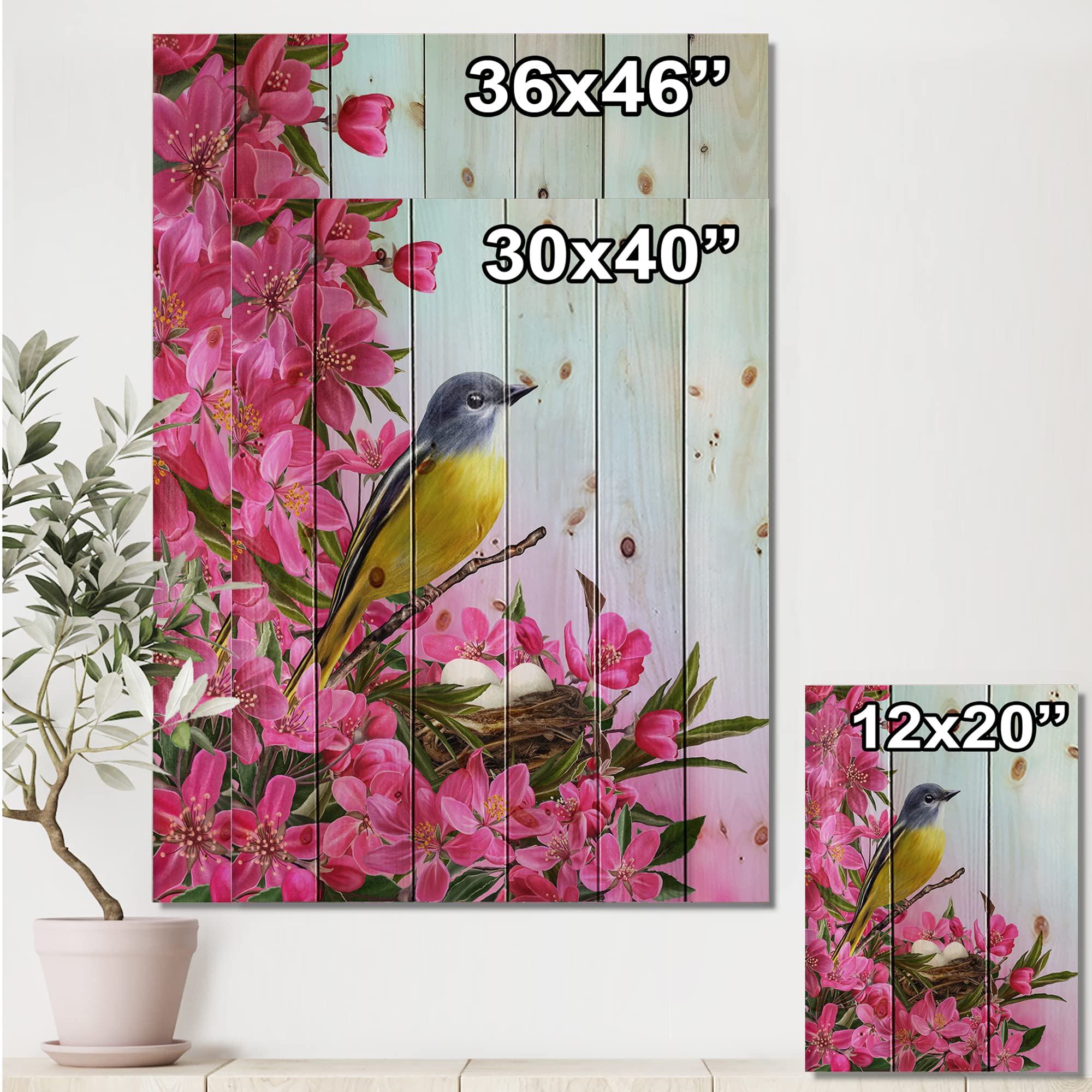 DesignQ Traditional Wood Wall Decor - Little Yellow Bird Near The Nest With Flowers, Pink Wood Wall Art, Large Animals Wood Panels Printed on Natural Pine | Home Decor, Living Room, Bedroom, Nursery Wall Art