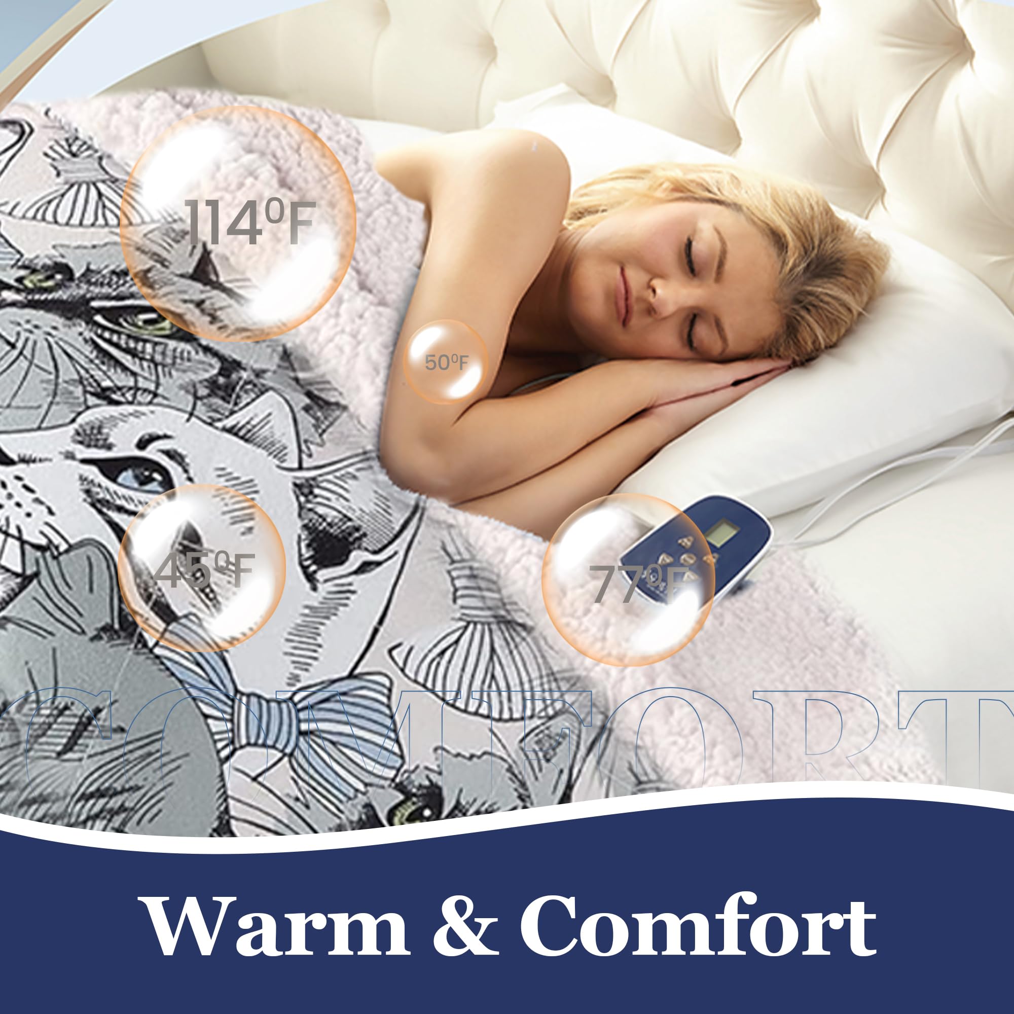 Thermee Micro Flannel Heated Blanket with Sherpa Back - 10 Heat Settings Electric Blanket Twin Size, Programmable Fast Heating Throw Blanket for Bed, Sofa & Office - Ultra Soft Thermal Blanket with Cat Design - Perfect for Winter Nights, Movie Time & Pet Cuddles