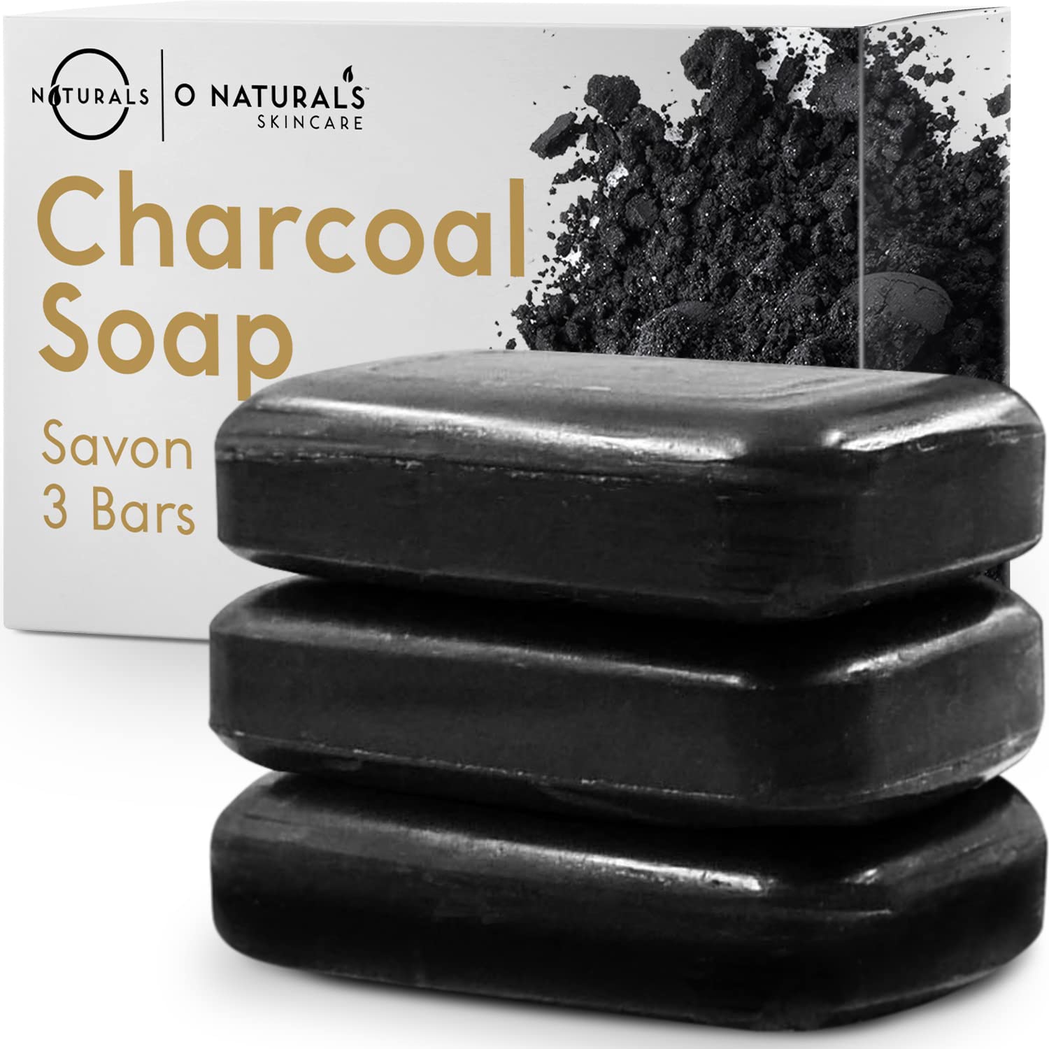 O NATURALS 3 Pack Activated Charcoal Soap Bar - Detoxifying Body Wash & Face Cleanser with Peppermint Oil & Shea Butter | 100% Natural Vegan Soap for Men & Women (4oz Each) | Perfect for Acne Treatment, Deep Cleansing & Skin Detox