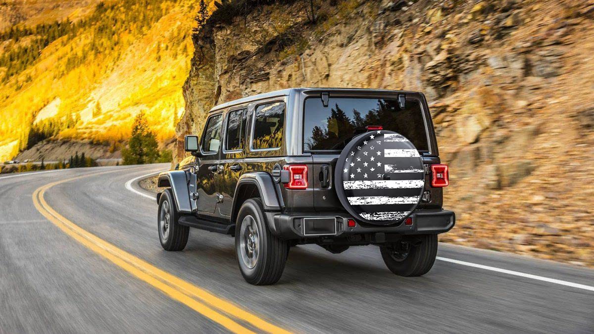 Black & White American Flag Spare Tire Cover with Backup Camera Hole - Heavy Duty Leather Wheel Cover for Jeep Wrangler JL - Perfect for Off-Road Adventures & Patriotic Car Decor
