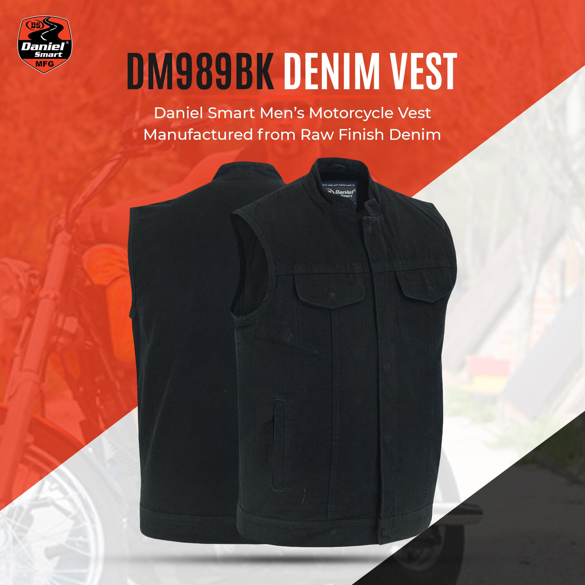 Daniel Smart Men's Denim Vest - Scoop Collar Motorcycle Jacket with Conceal Carry Pockets & Hidden Zipper | Casual Wear, Biker Outfit, Street Style Fashion