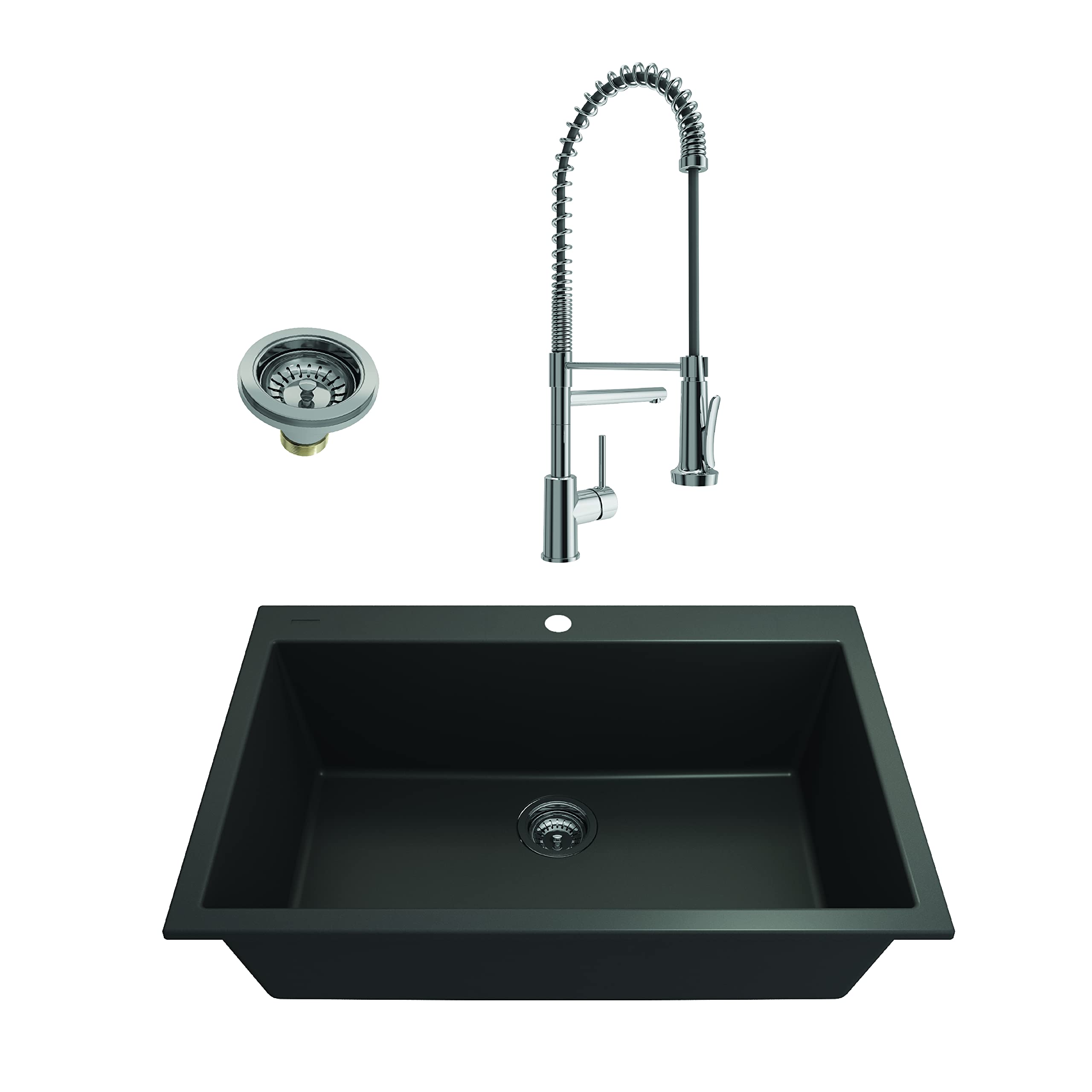 BOCCHI Campino Uno Matte Black 33-inch Dual Mount Granite Composite Single Bowl Kitchen Sink with Accessories & Chrome Faucet - Perfect for Modern Kitchens, Restaurant Prep Areas, and Home Renovations